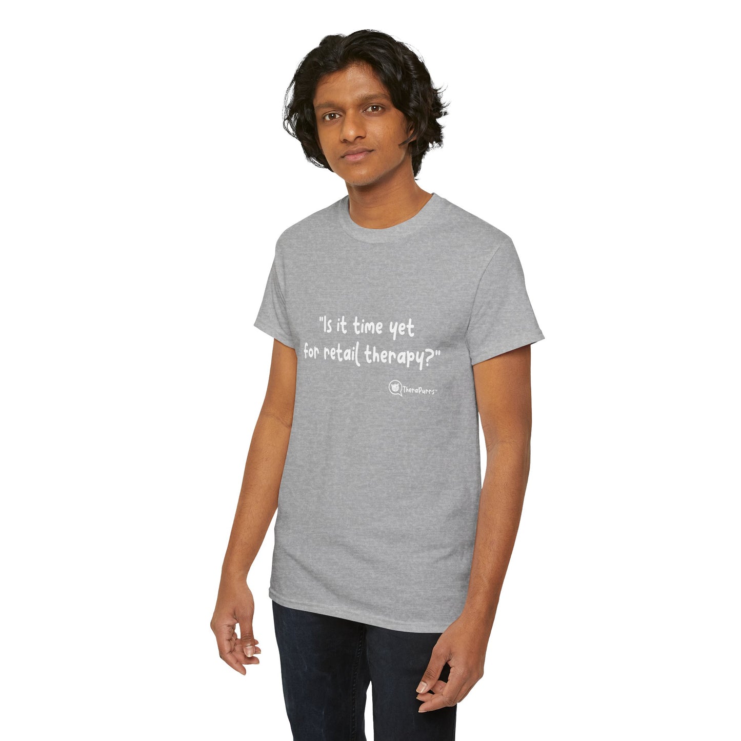 TheraPurrs Phrase T-Shirt - "Is It Time Yet for Retail Therapy?"