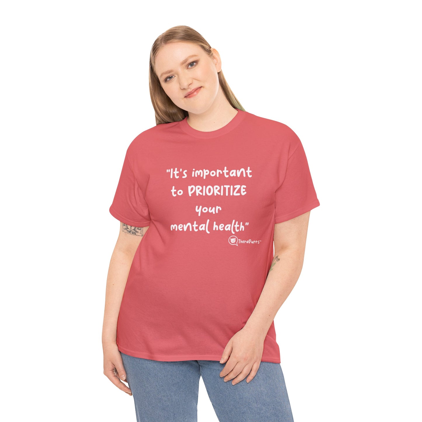 TheraPurrs Phrase T-Shirt - "It's important to PRIORITIZE your mental health"