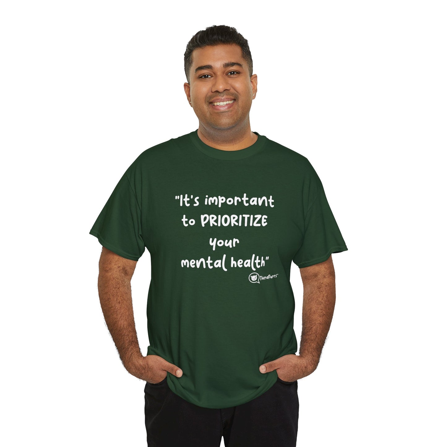 TheraPurrs Phrase T-Shirt - "It's important to PRIORITIZE your mental health"