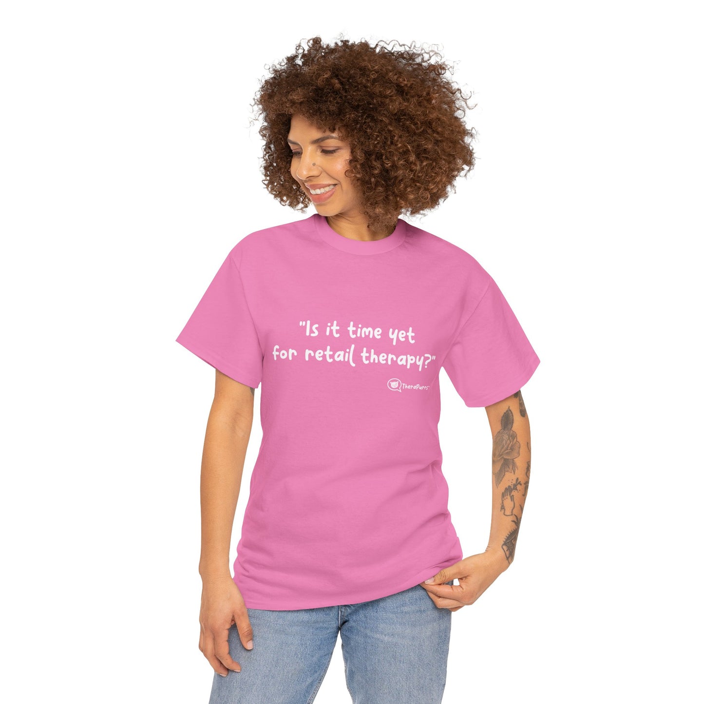TheraPurrs Phrase T-Shirt - "Is It Time Yet for Retail Therapy?"