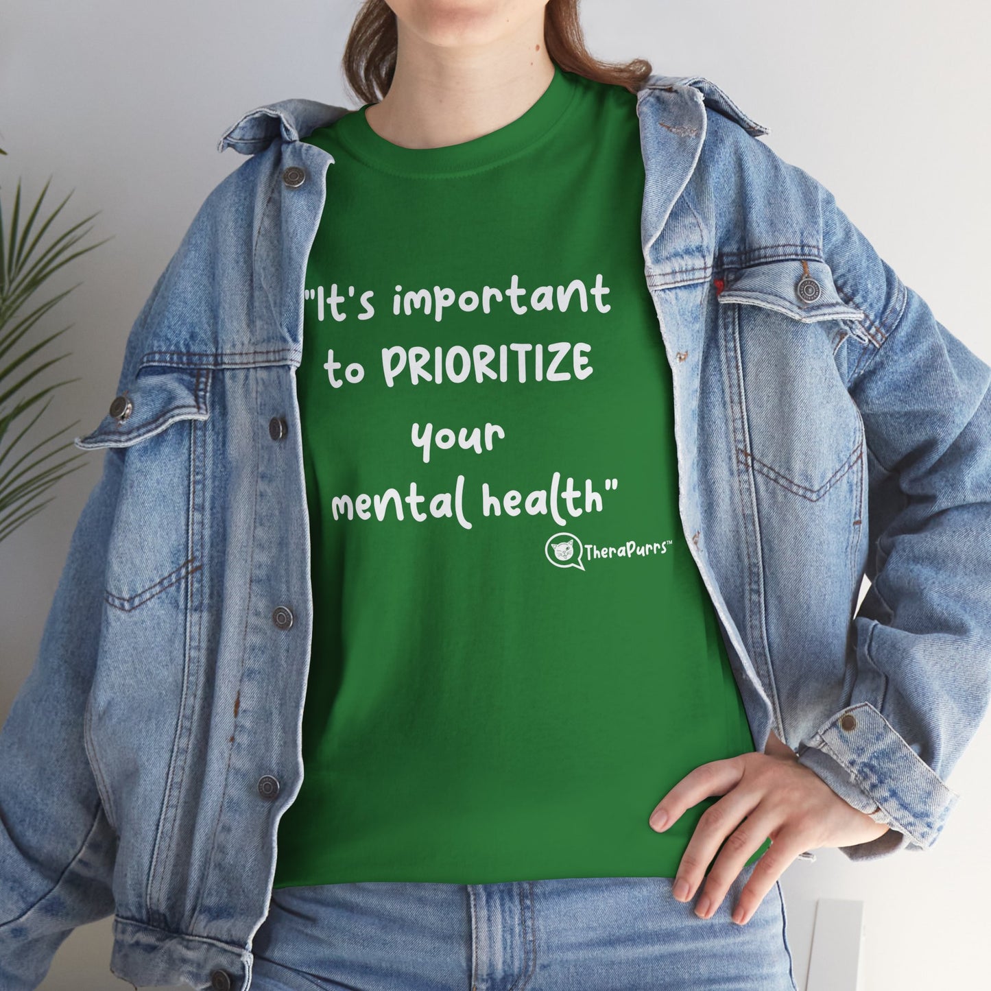 TheraPurrs Phrase T-Shirt - "It's important to PRIORITIZE your mental health"