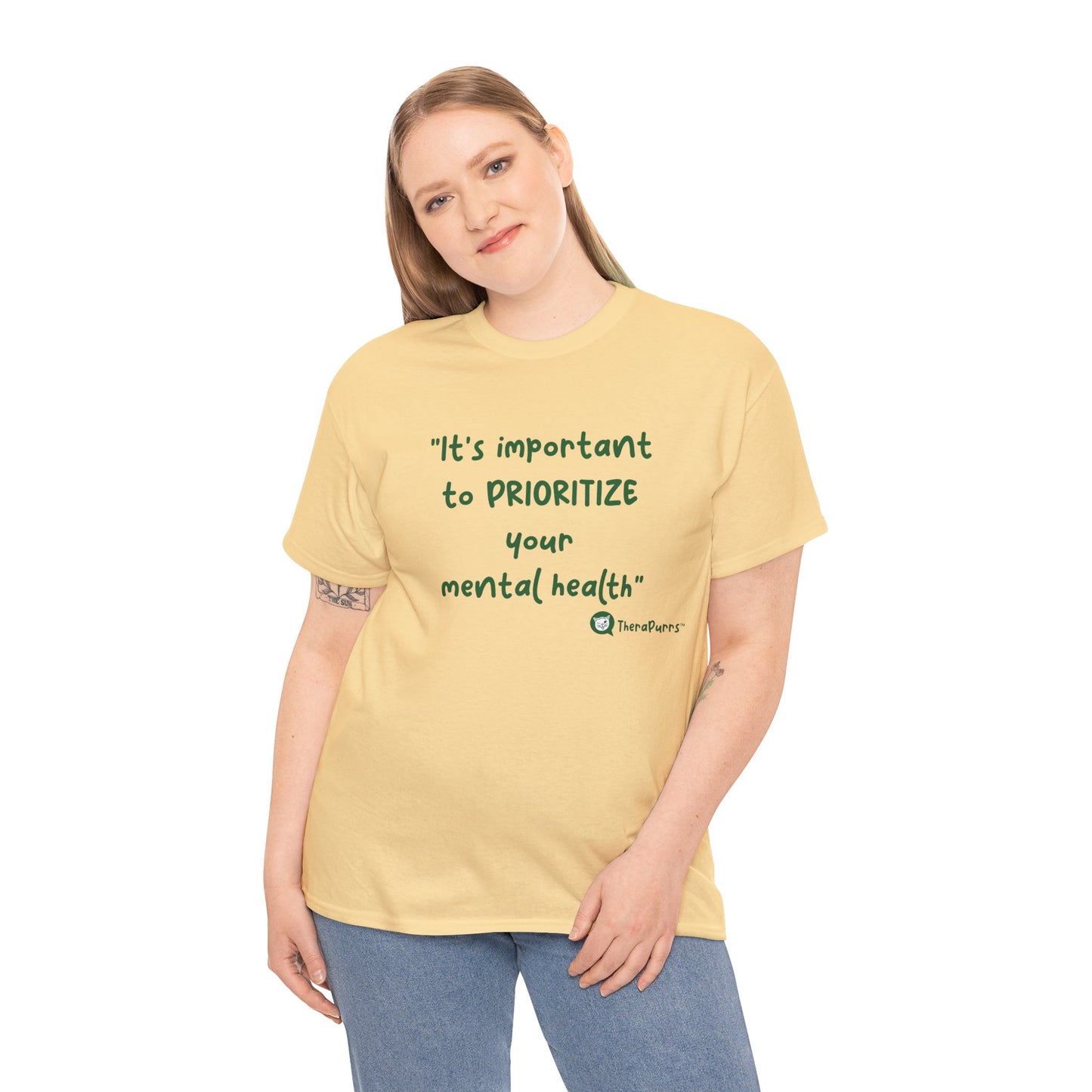 TheraPurrs Phrase T-Shirt - "It's important to PRIORITIZE your mental health"