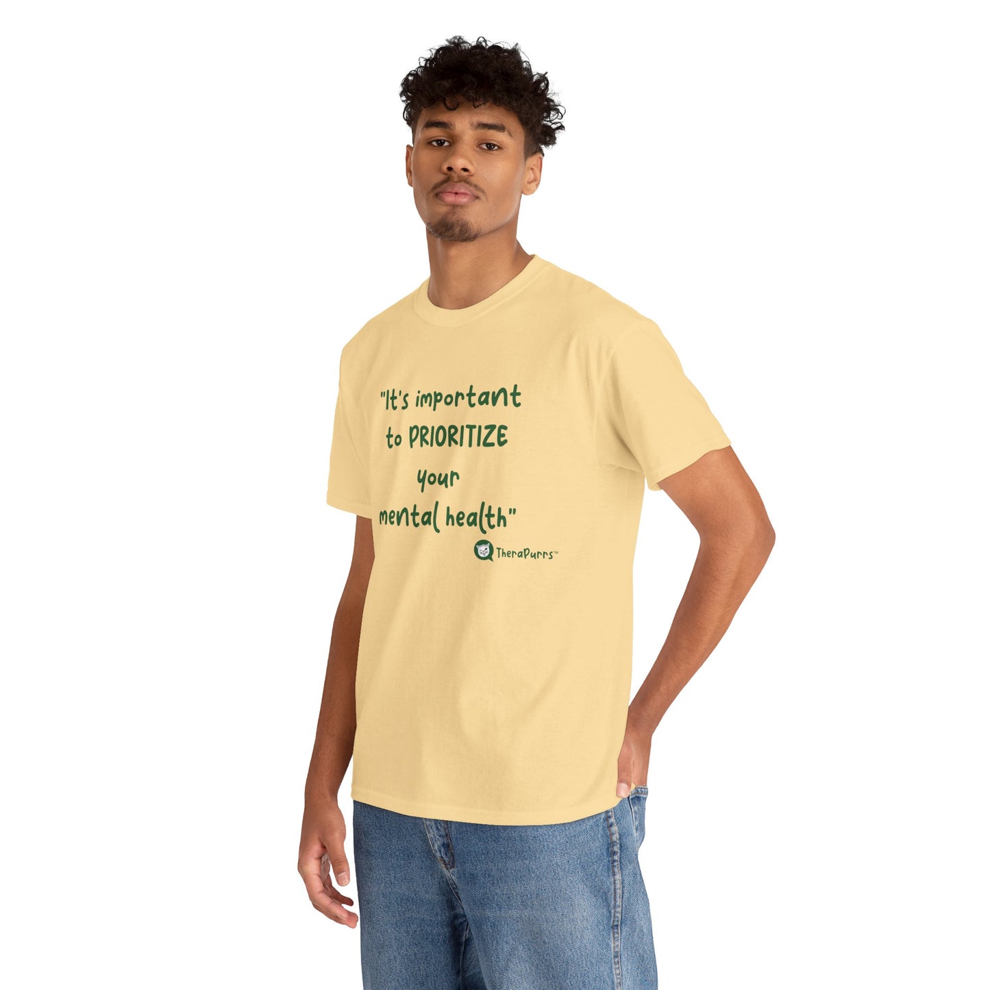 TheraPurrs Phrase T-Shirt - "It's important to PRIORITIZE your mental health"