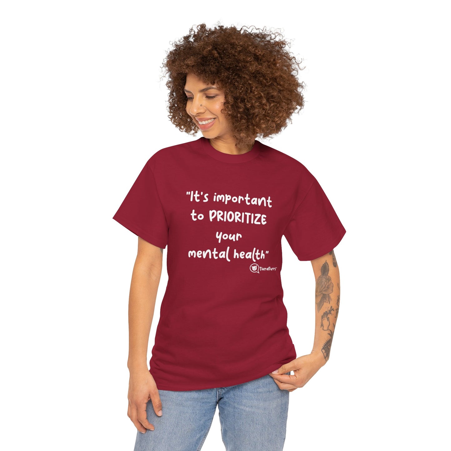 TheraPurrs Phrase T-Shirt - "It's important to PRIORITIZE your mental health"
