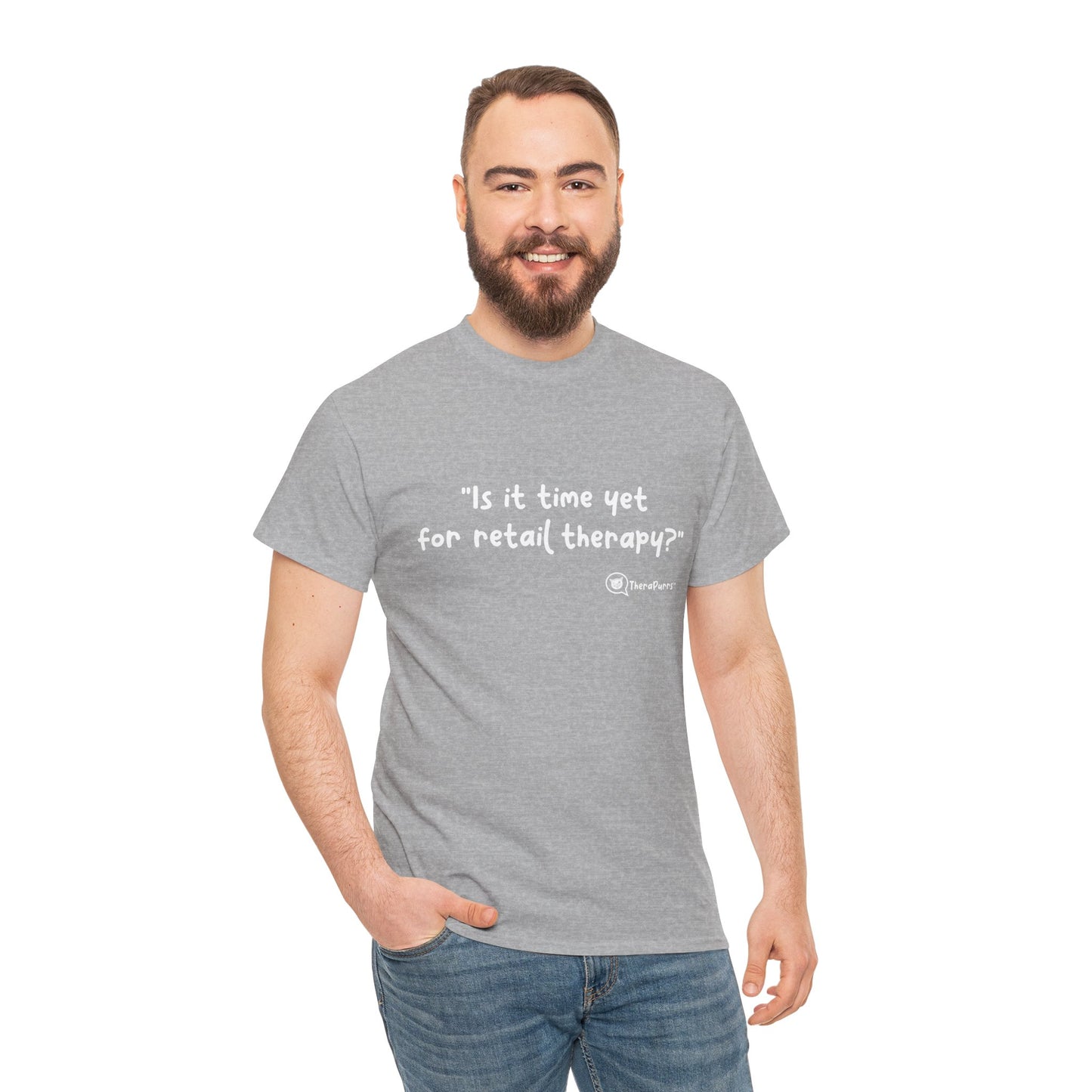 TheraPurrs Phrase T-Shirt - "Is It Time Yet for Retail Therapy?"