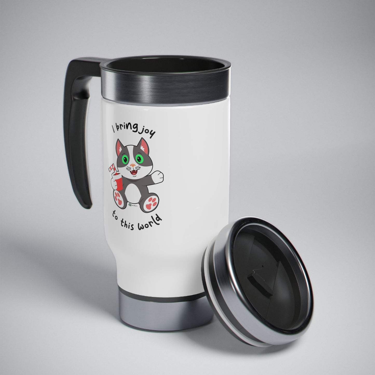 Stainless Steel Travel Mug with Handle, 14oz - PosiCat - I Bring Joy To This World