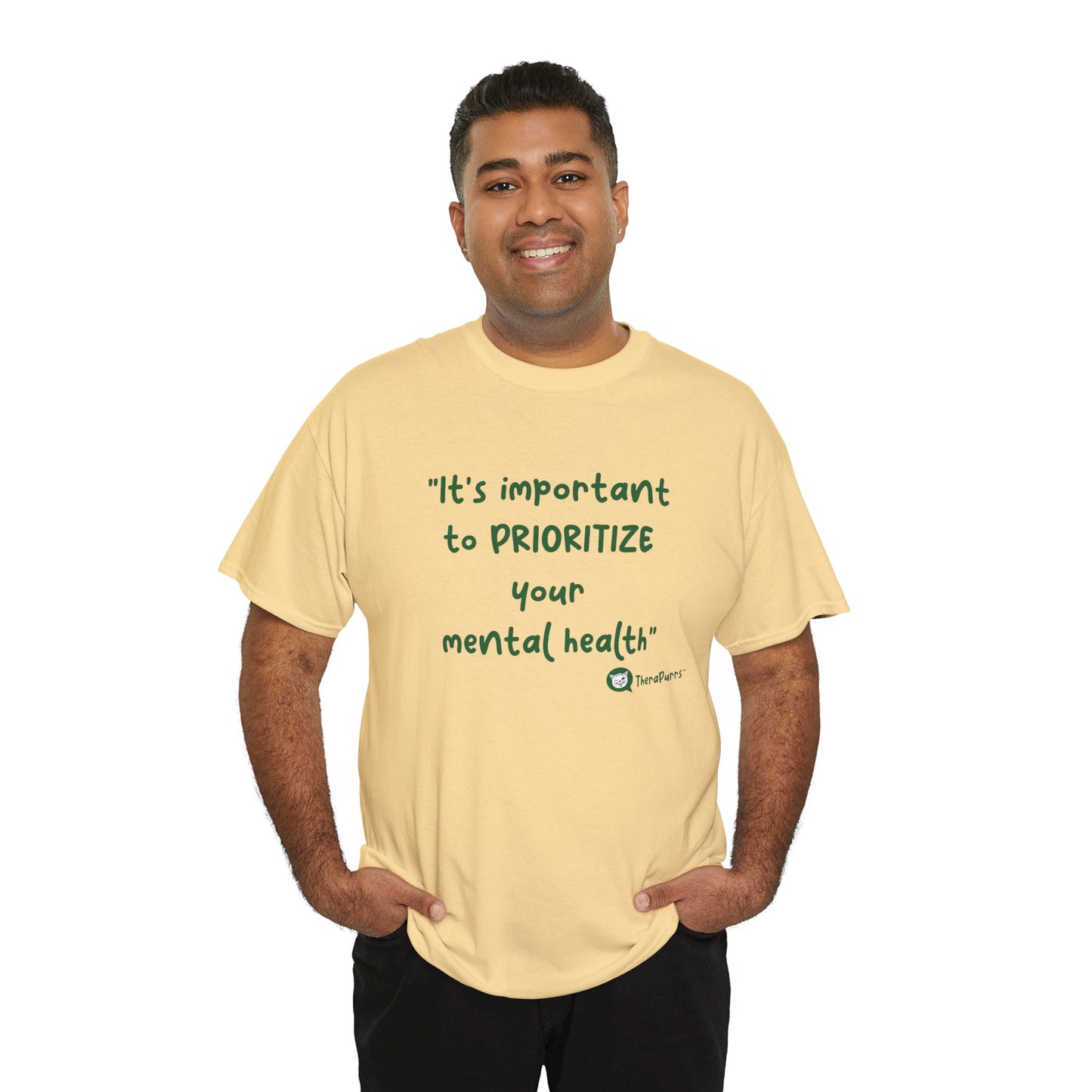 TheraPurrs Phrase T-Shirt - "It's important to PRIORITIZE your mental health"