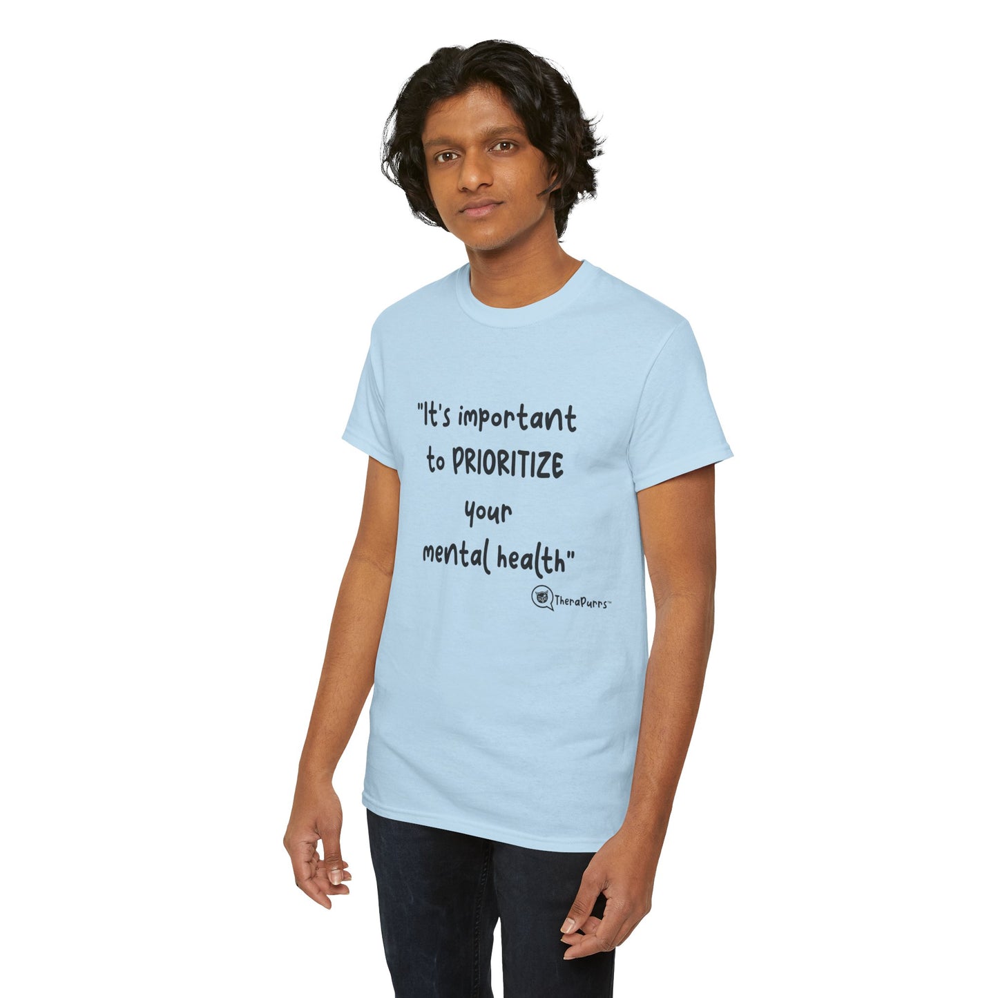 TheraPurrs Phrase T-Shirt - "It's important to PRIORITIZE your mental health"