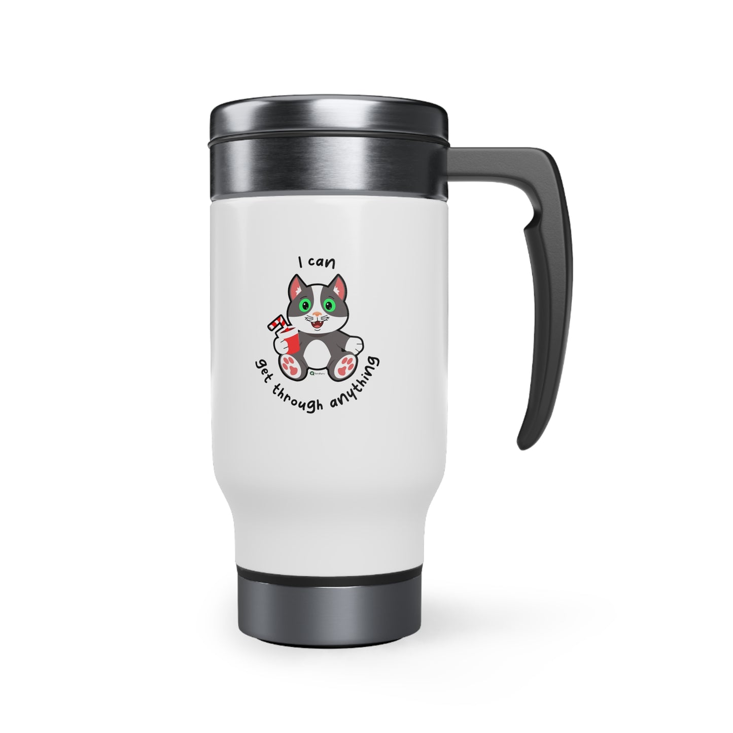 Stainless Steel Travel Mug with Handle, 14oz - PosiCat - I Can Get Through Anything