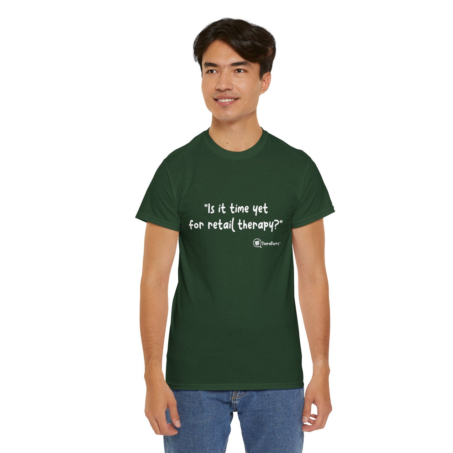 TheraPurrs Phrase T-Shirt - "Is It Time Yet for Retail Therapy?"
