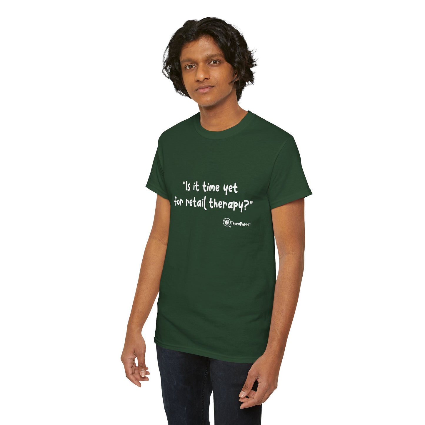 TheraPurrs Phrase T-Shirt - "Is It Time Yet for Retail Therapy?"