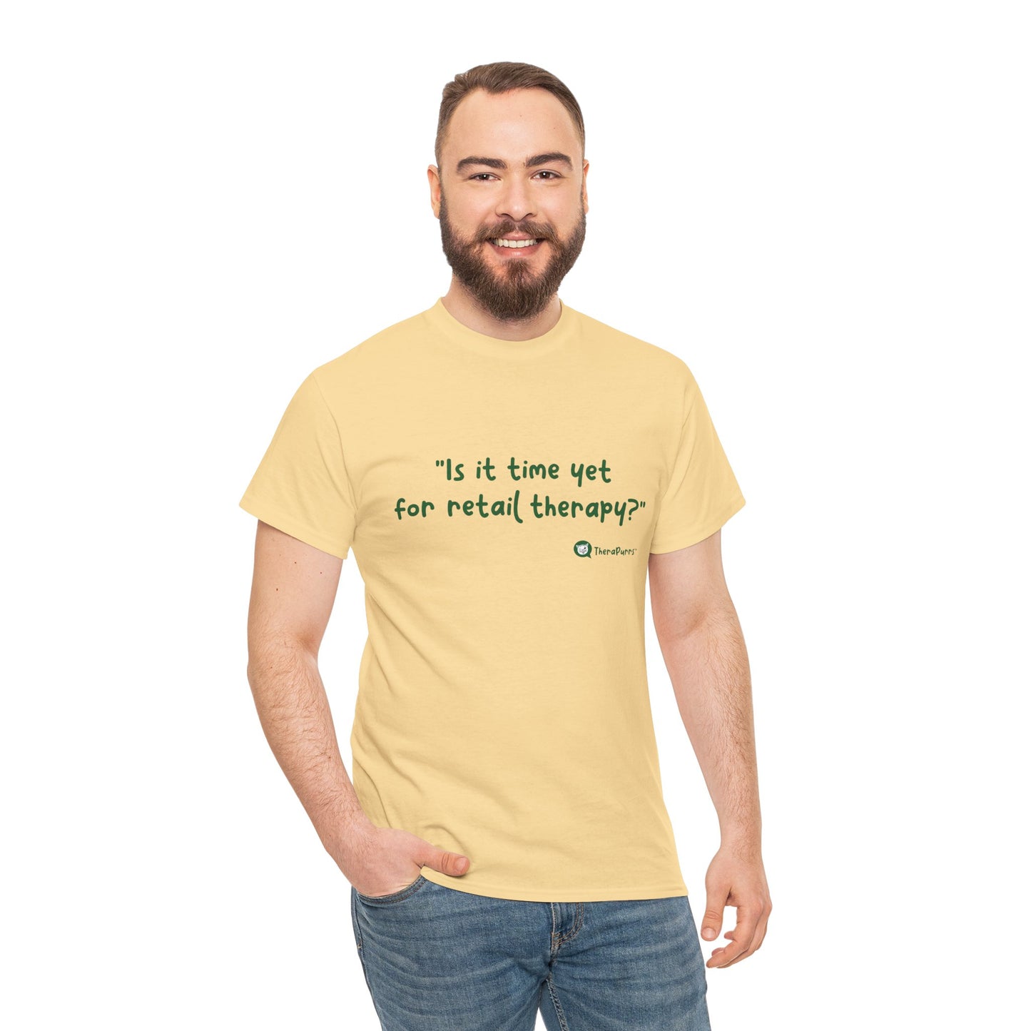 TheraPurrs Phrase T-Shirt - "Is It Time Yet for Retail Therapy?"