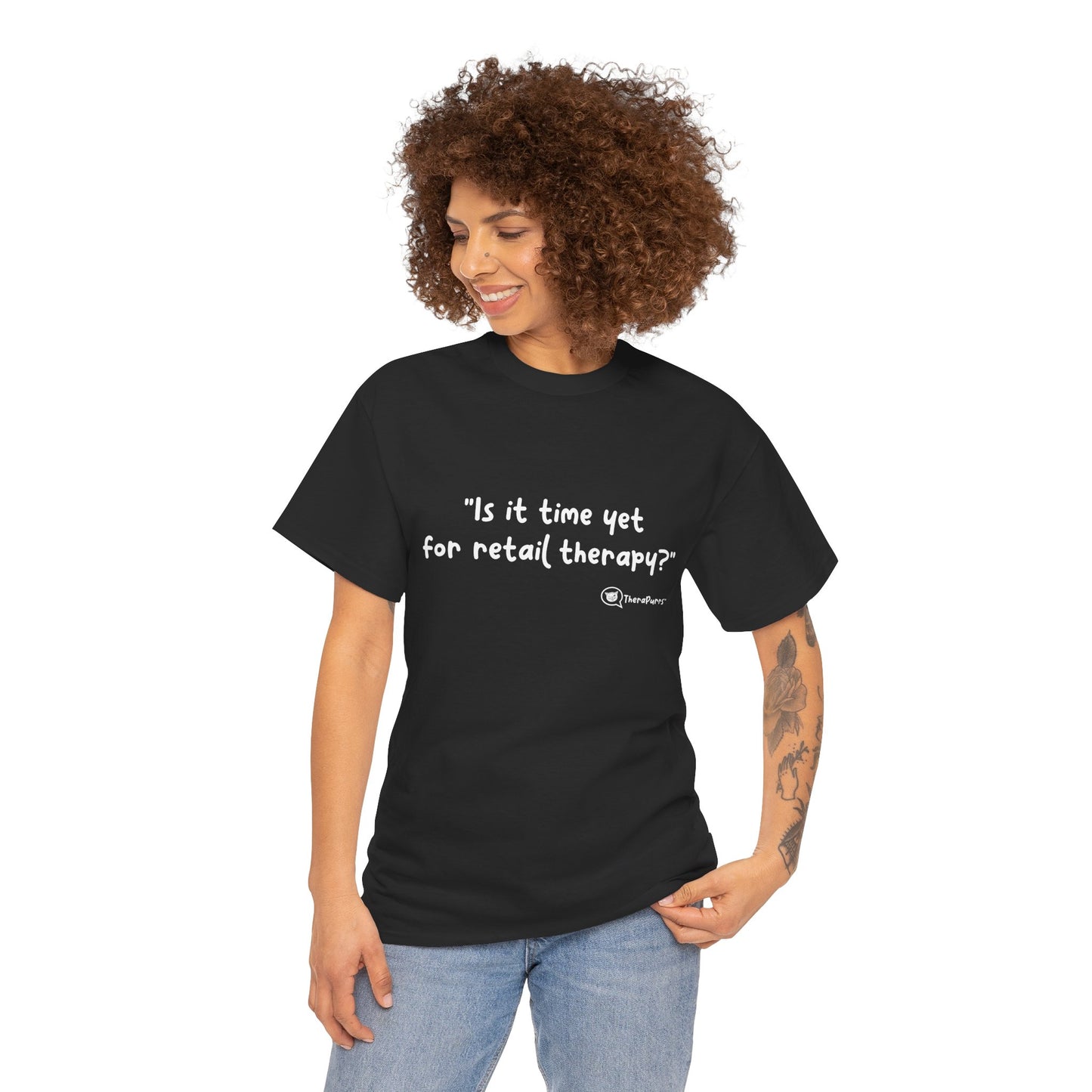 TheraPurrs Phrase T-Shirt - "Is It Time Yet for Retail Therapy?"