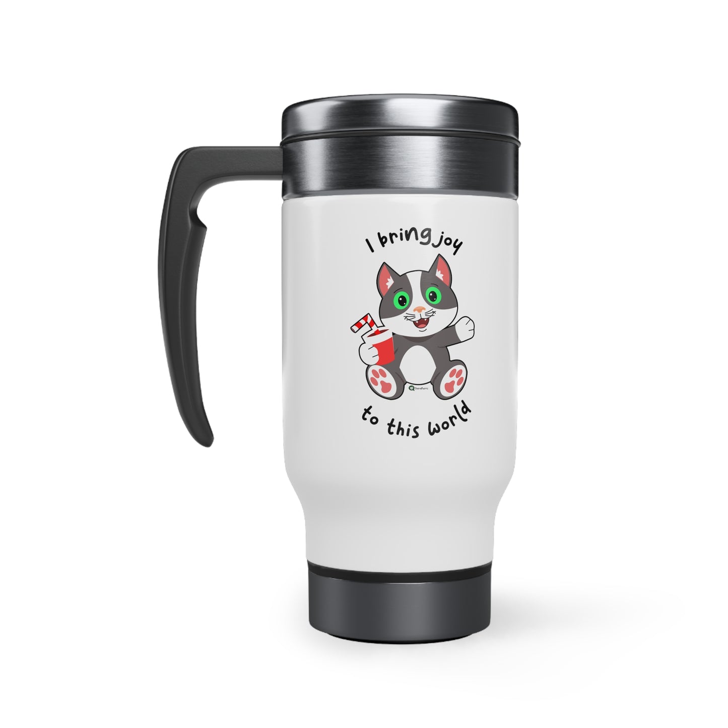 Stainless Steel Travel Mug with Handle, 14oz - PosiCat - I Bring Joy To This World