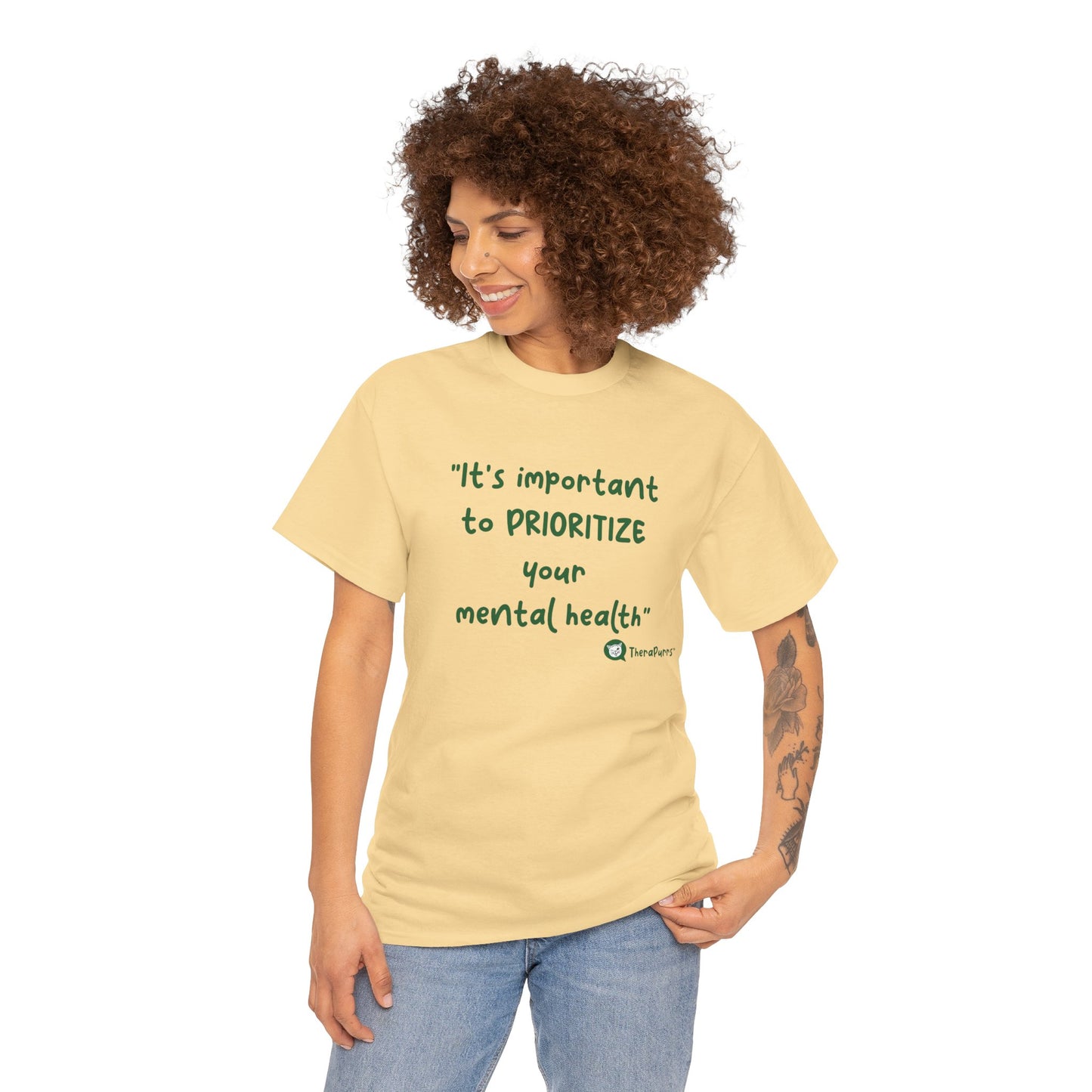 TheraPurrs Phrase T-Shirt - "It's important to PRIORITIZE your mental health"