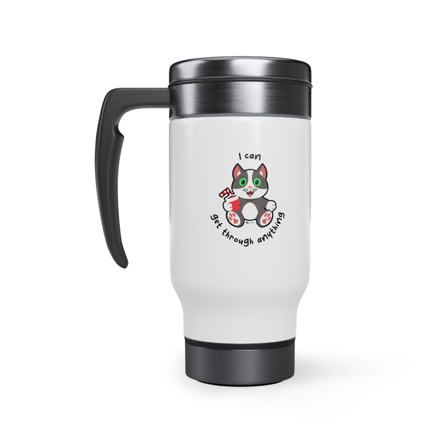 Stainless Steel Travel Mug with Handle, 14oz - PosiCat - I Can Get Through Anything