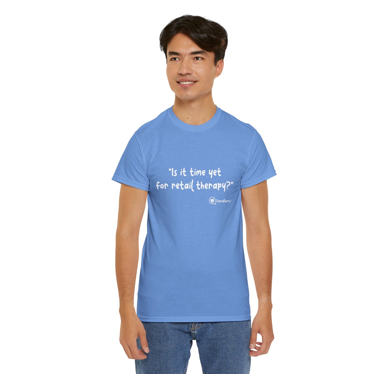 TheraPurrs Phrase T-Shirt - "Is It Time Yet for Retail Therapy?"