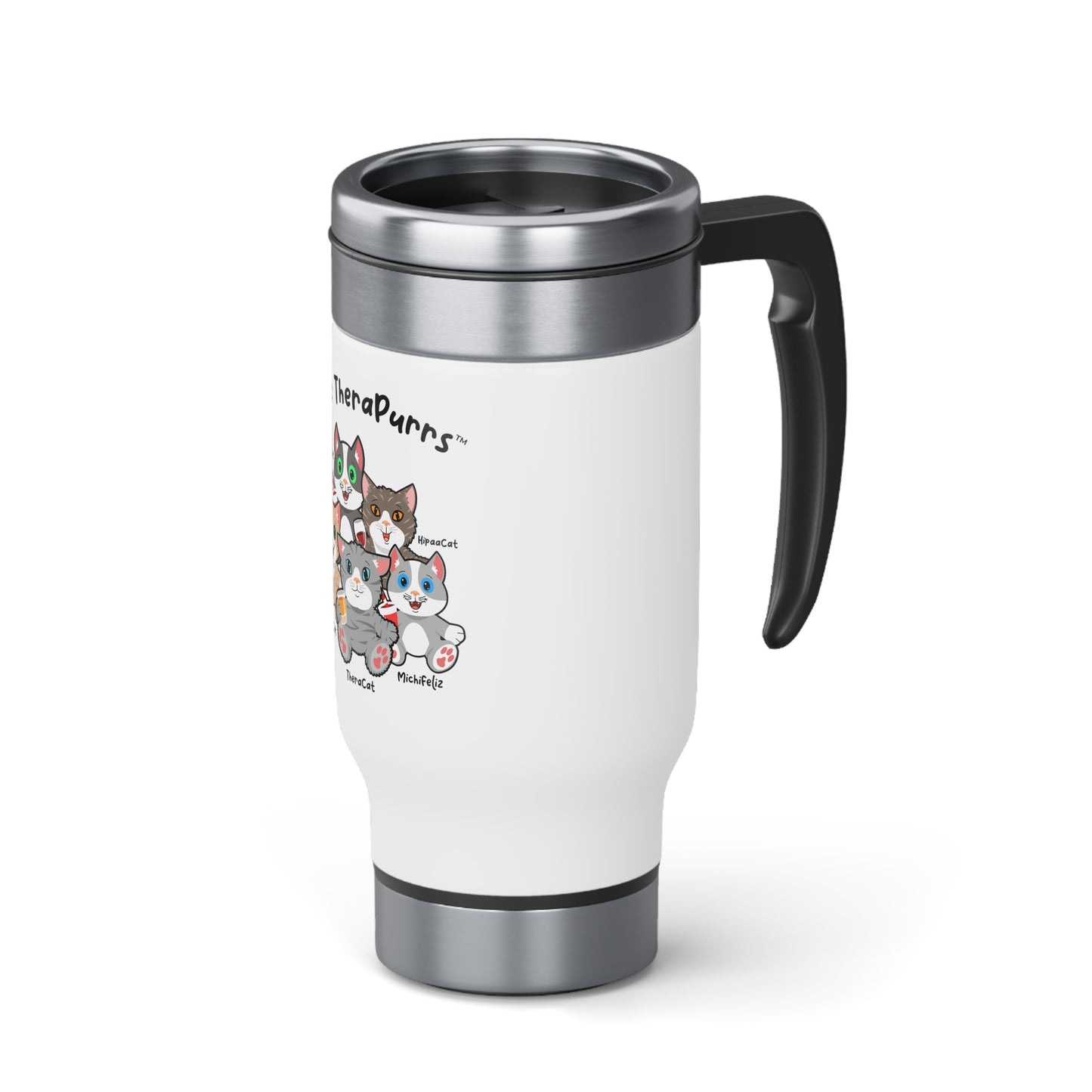 Stainless Steel Travel Mug with Handle, 14oz - TheraPurrs - 5 Cats