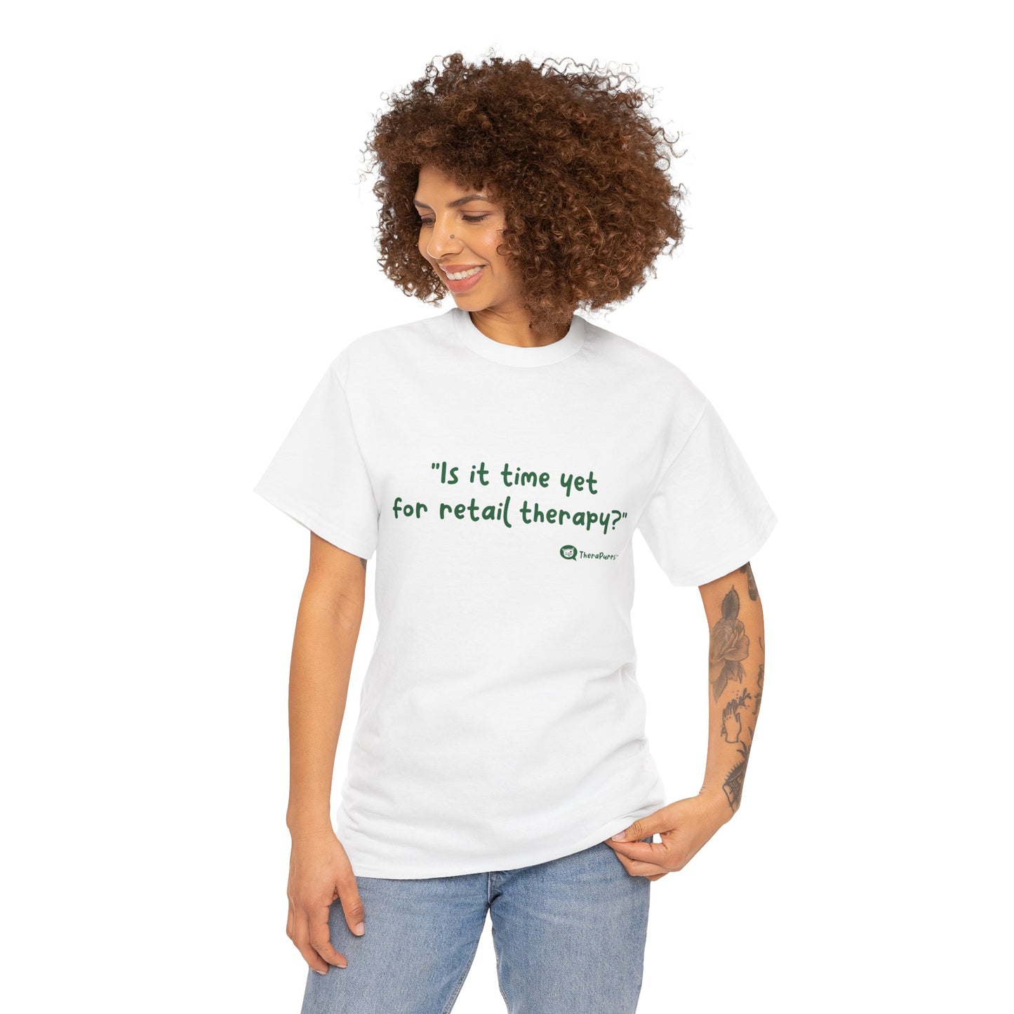 TheraPurrs Phrase T-Shirt - "Is It Time Yet for Retail Therapy?"