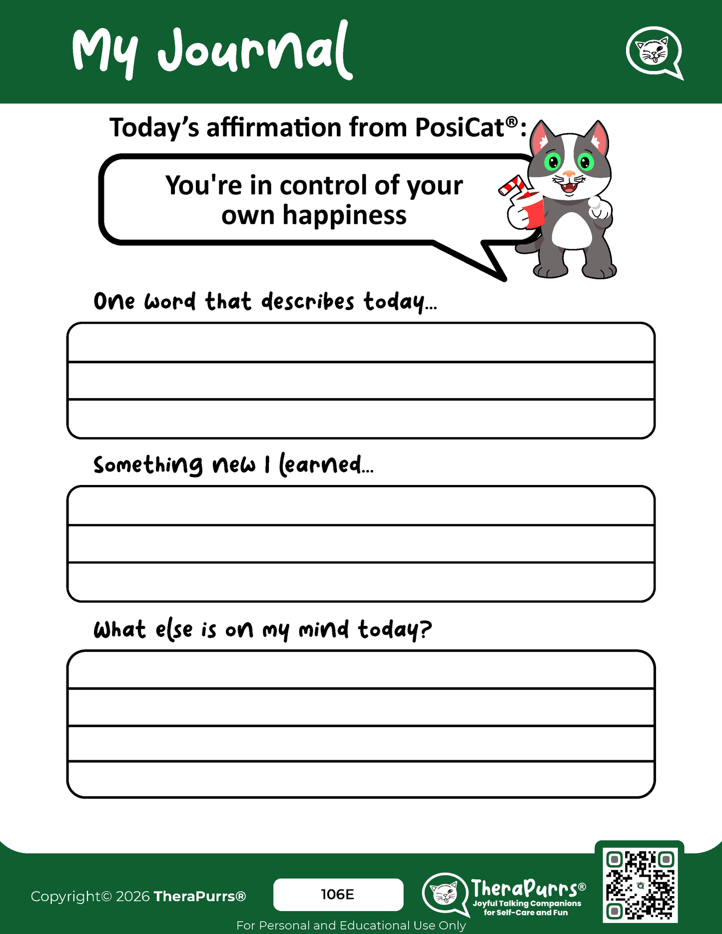 PosiCat's Printables - Activities Booklet 106: You're in control of your own happiness