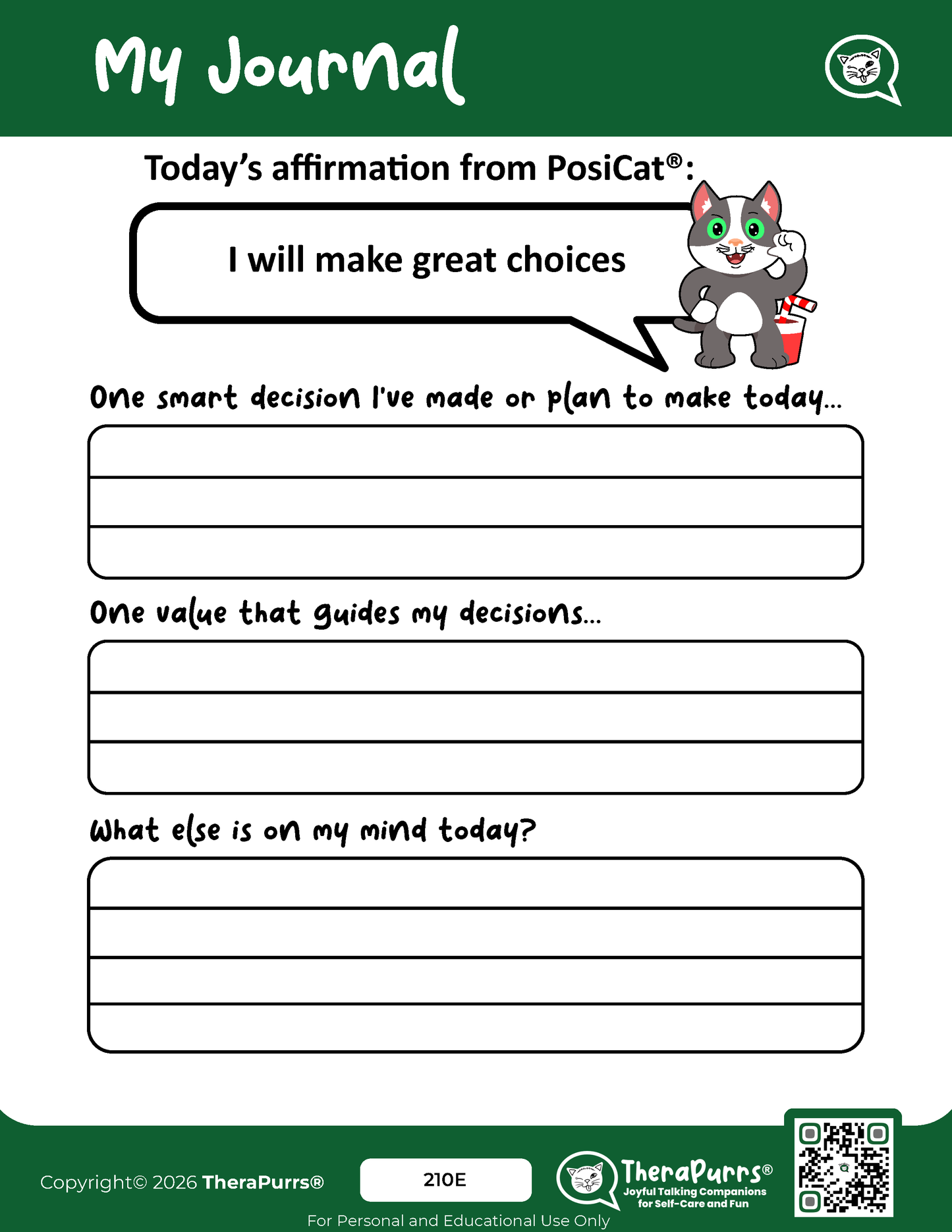 PosiCat's Printables - Activities Booklet 210: I will make great choices