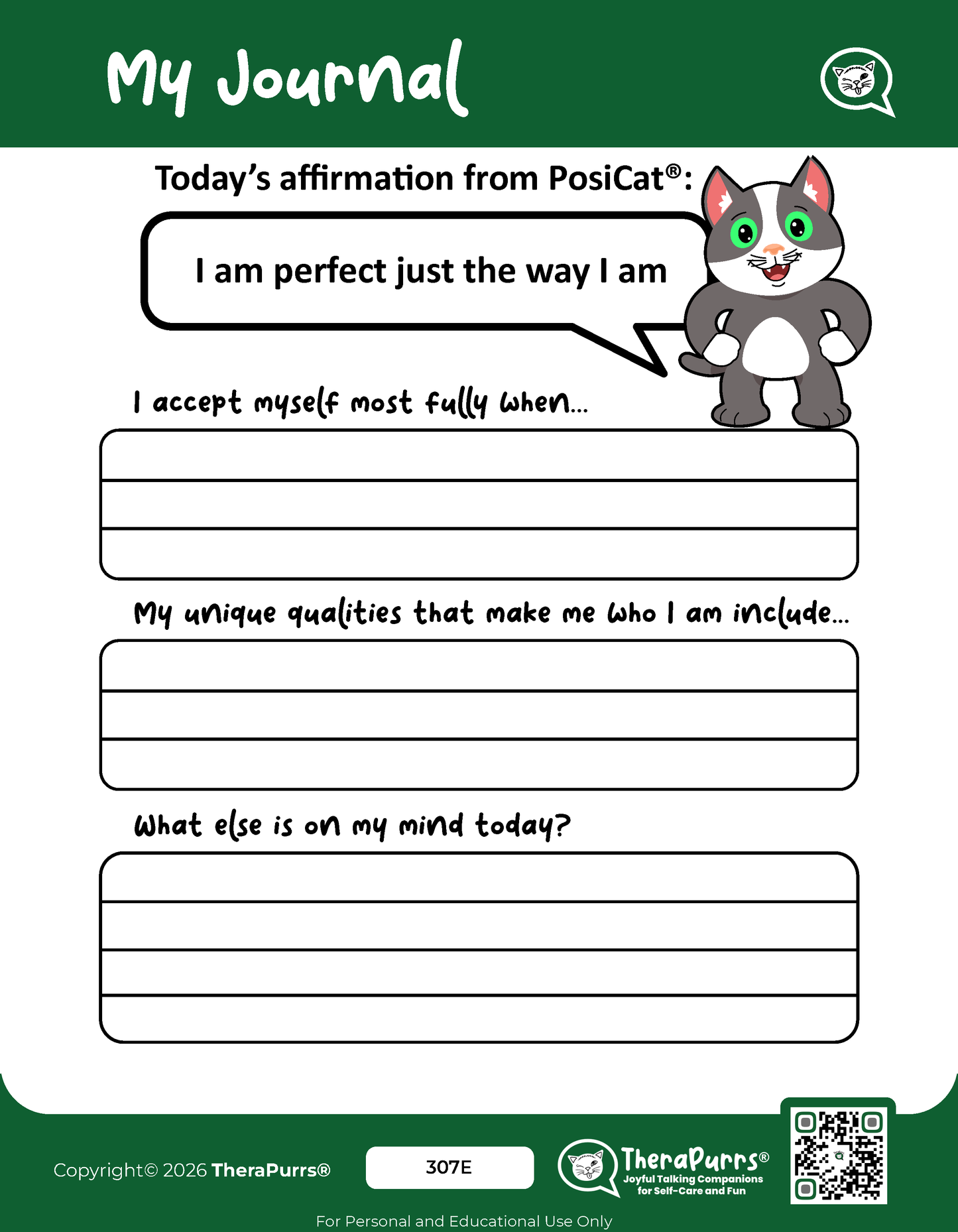 PosiCat's Printables - Activities Booklet 307: I am perfect just the way I am