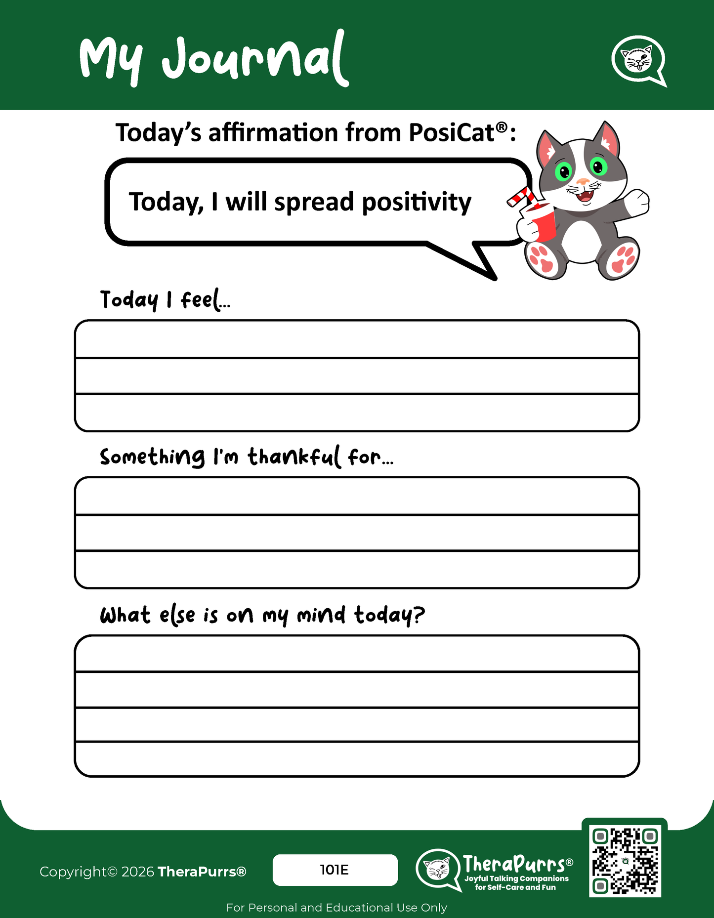 PosiCat's Printables - Activities Booklet 101: Today, I will spread positivity