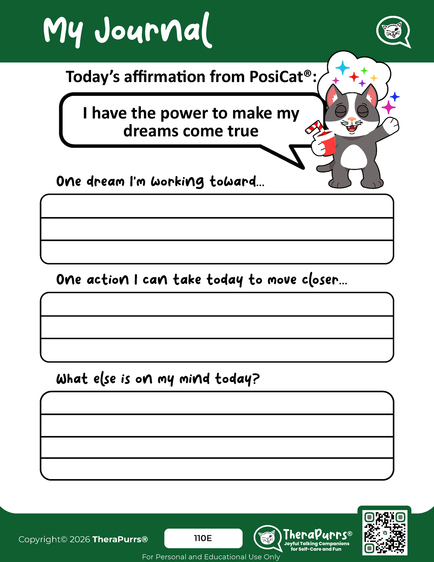 PosiCat's Printables - Activities Booklet 110: I have the power to make my dreams come true