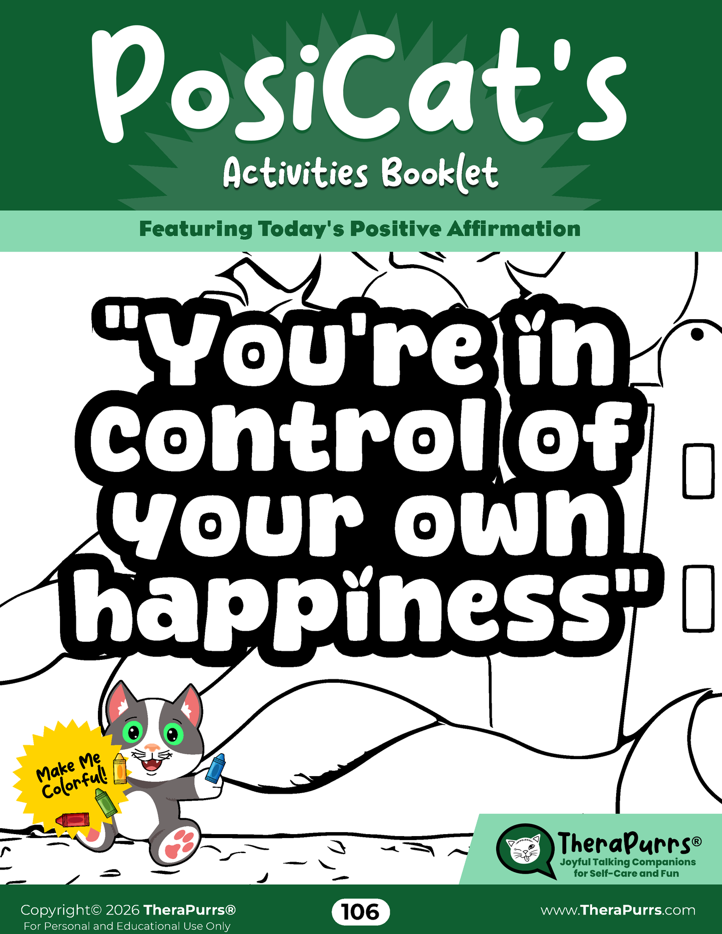 PosiCat's Printables - Activities Booklet 106: You're in control of your own happiness