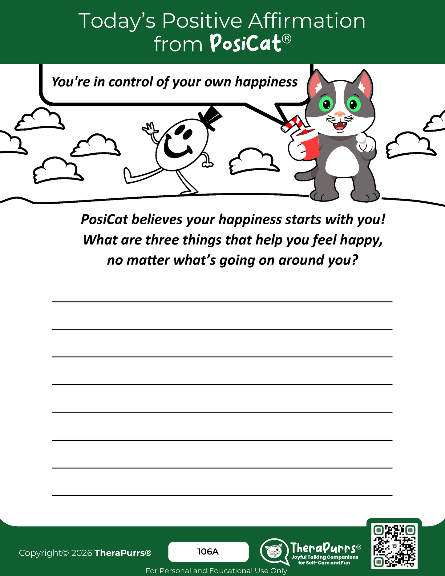 PosiCat's Printables - Activities Booklet 106: You're in control of your own happiness