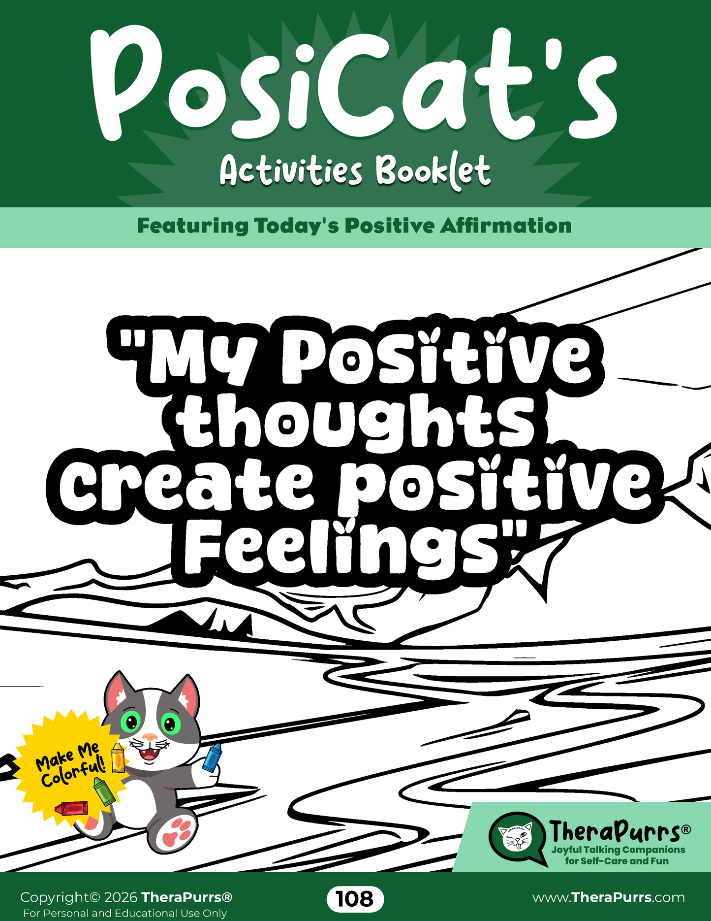 PosiCat's Printables - Activities Booklet 108: My positive thoughts create positive feelings