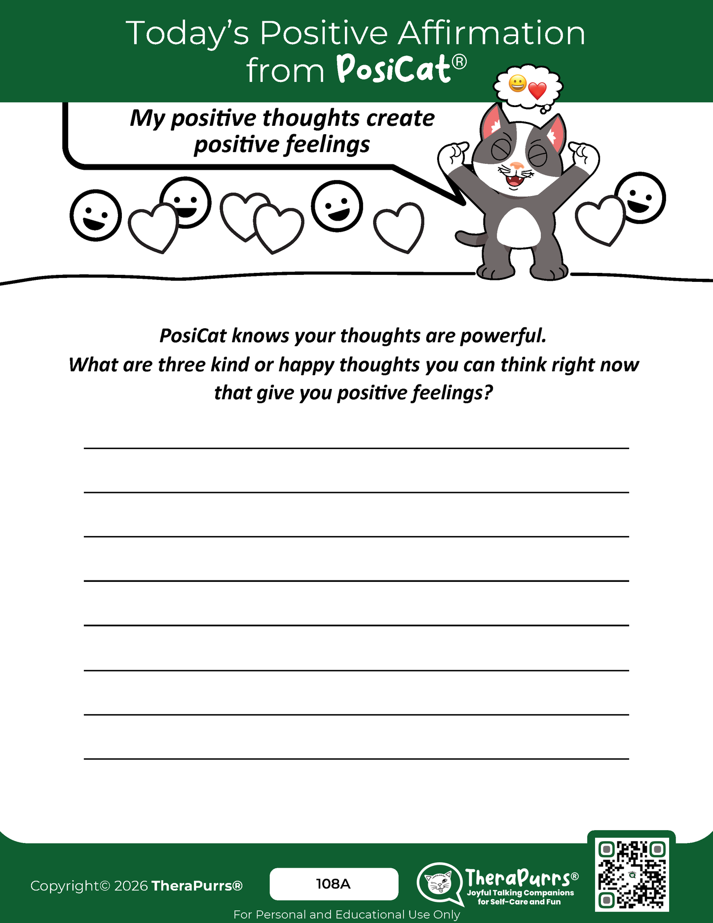 PosiCat's Printables - Activities Booklet 108: My positive thoughts create positive feelings