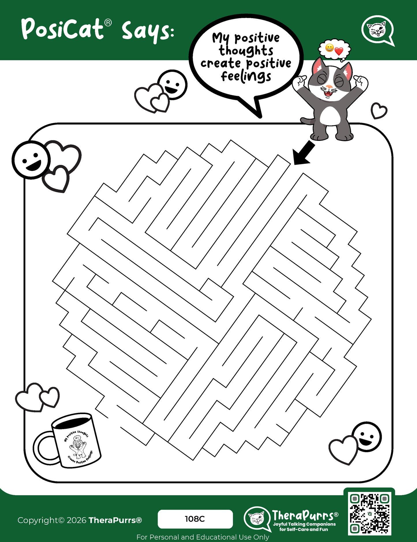 PosiCat's Printables - Activities Booklet 108: My positive thoughts create positive feelings