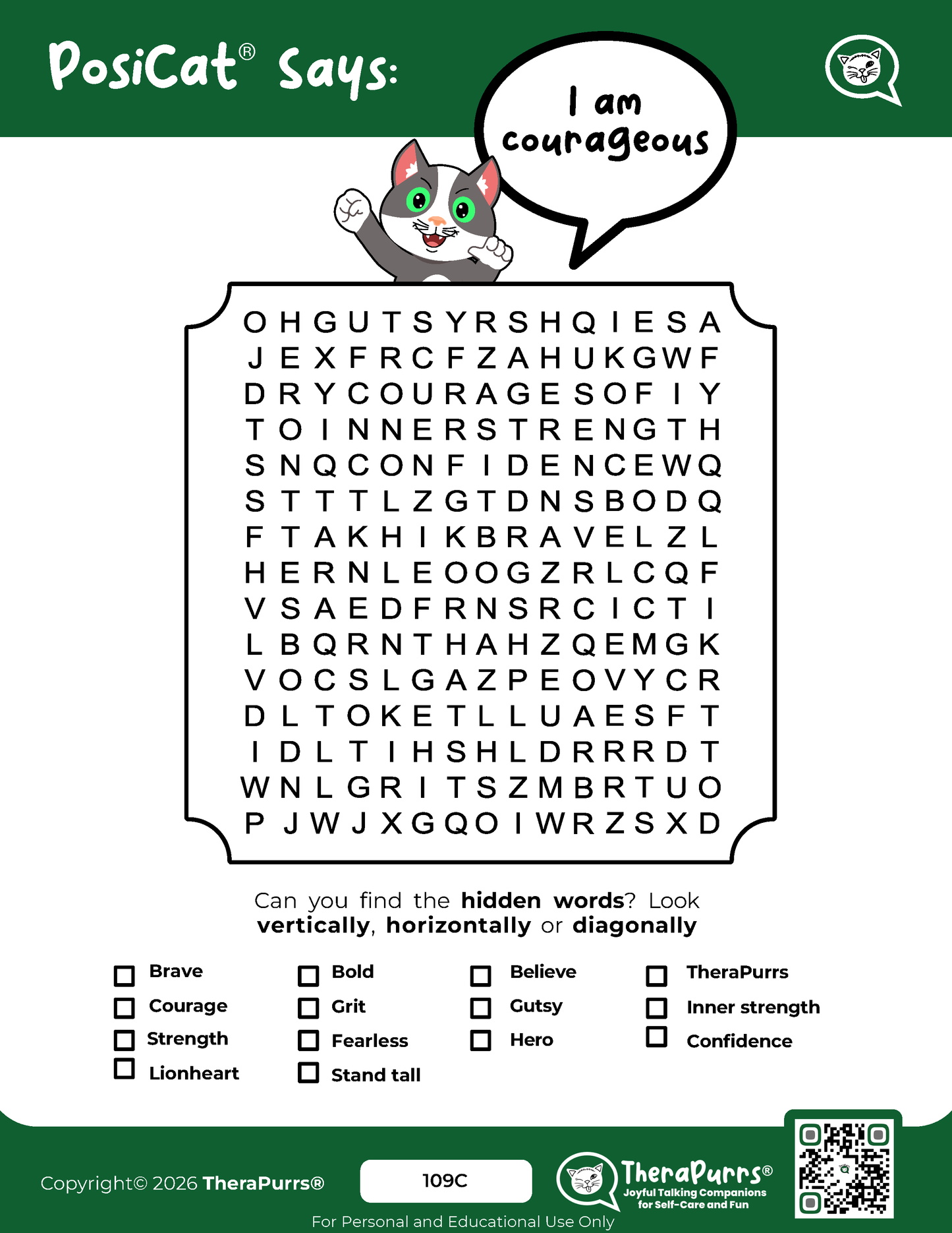 PosiCat's Printables - Activities Booklet 109: I am courageous