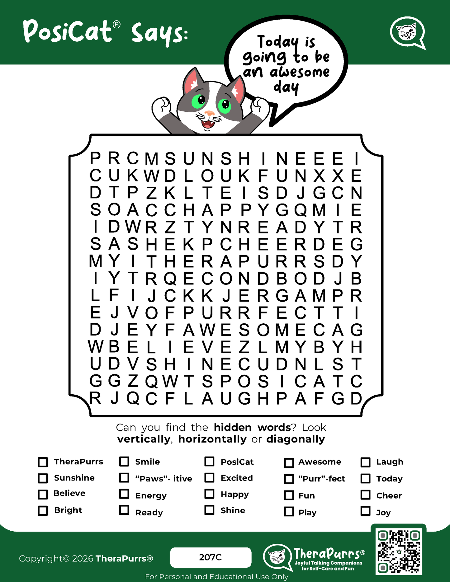 PosiCat's Printables - Activities Booklet 207: Today is going to be an awesome day
