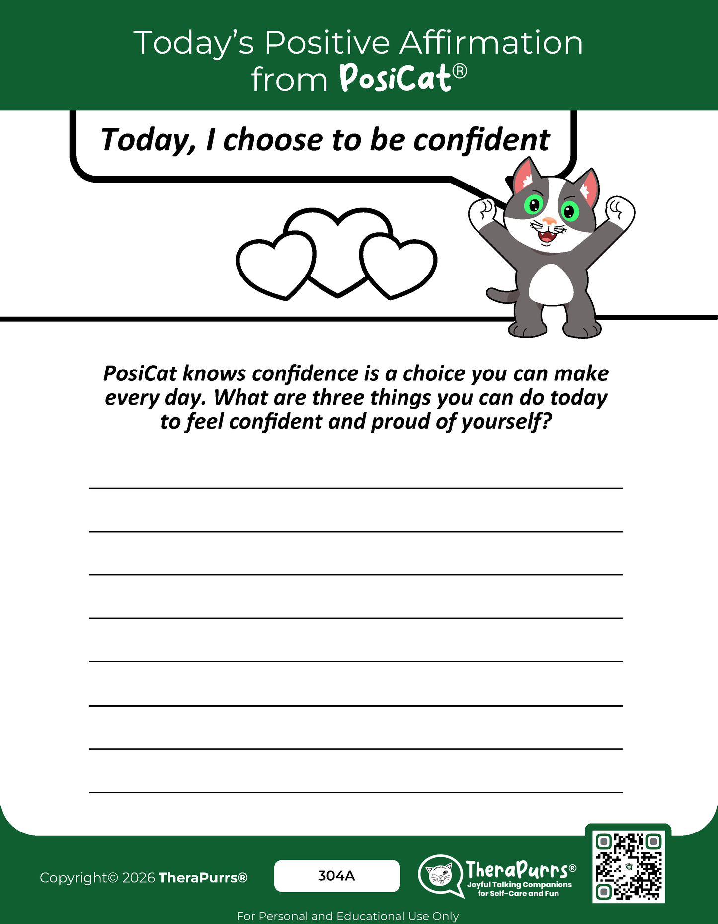 PosiCat's Printables - Activities Booklet 304: Today, I choose to be confident