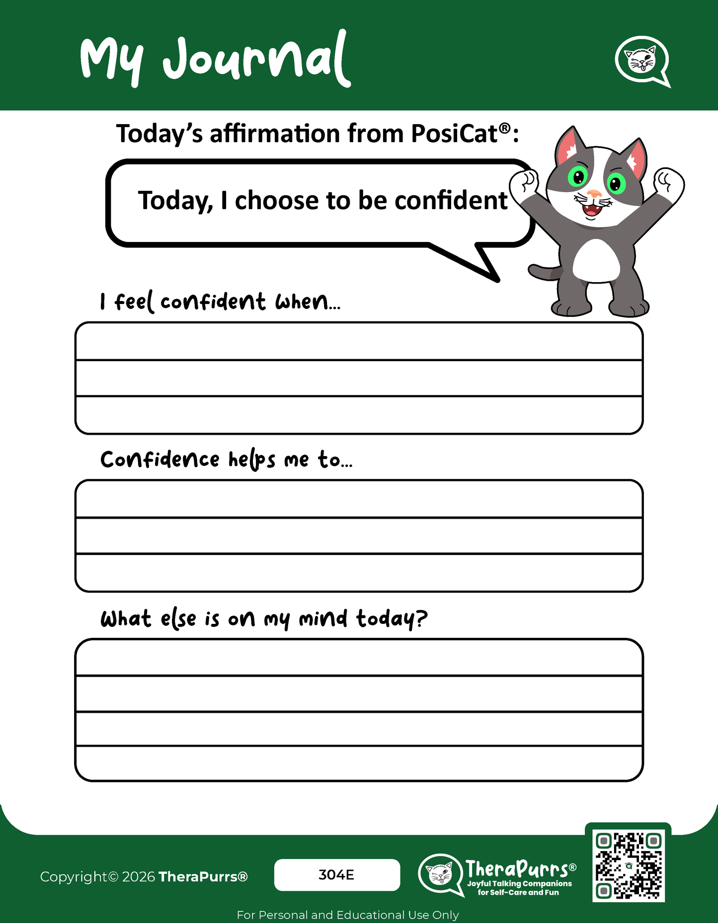 PosiCat's Printables - Activities Booklet 304: Today, I choose to be confident