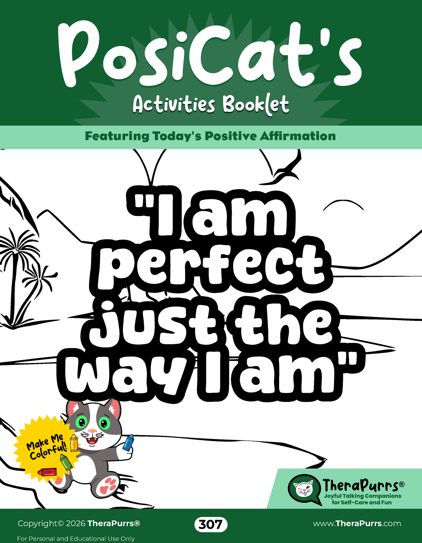PosiCat's Printables - Activities Booklet 307: I am perfect just the way I am