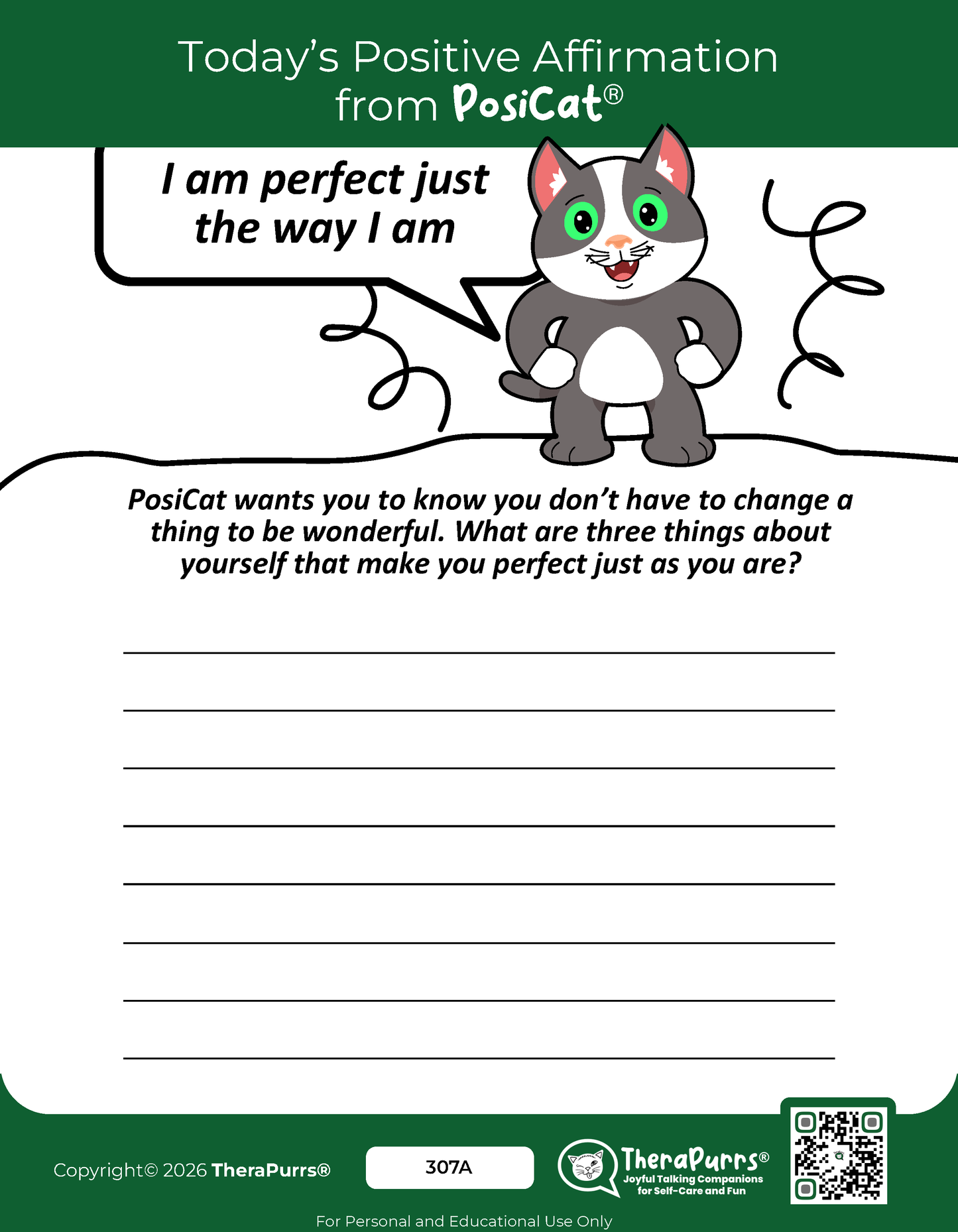 PosiCat's Printables - Activities Booklet 307: I am perfect just the way I am