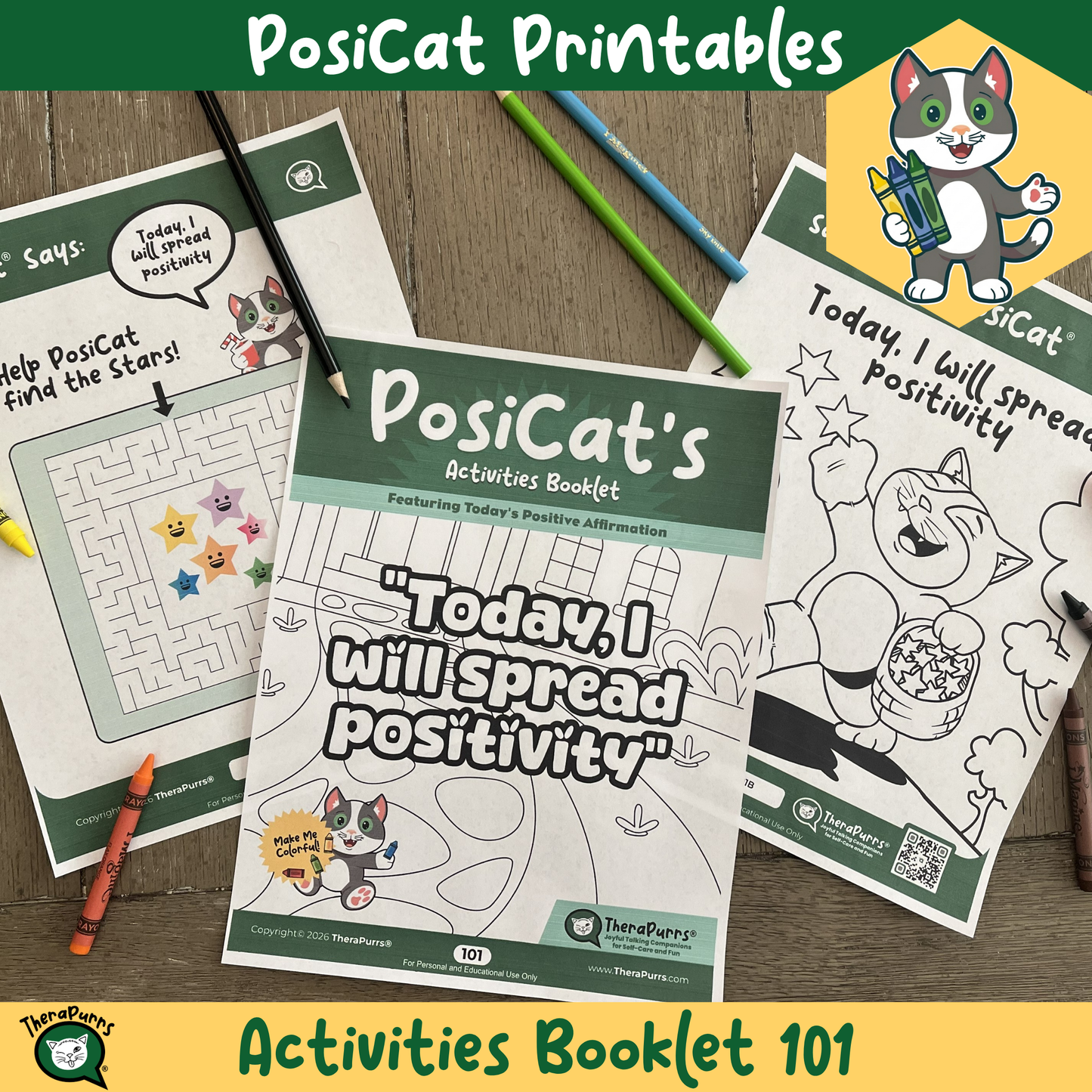 PosiCat's Printables - Activities Booklet 101: Today, I will spread positivity