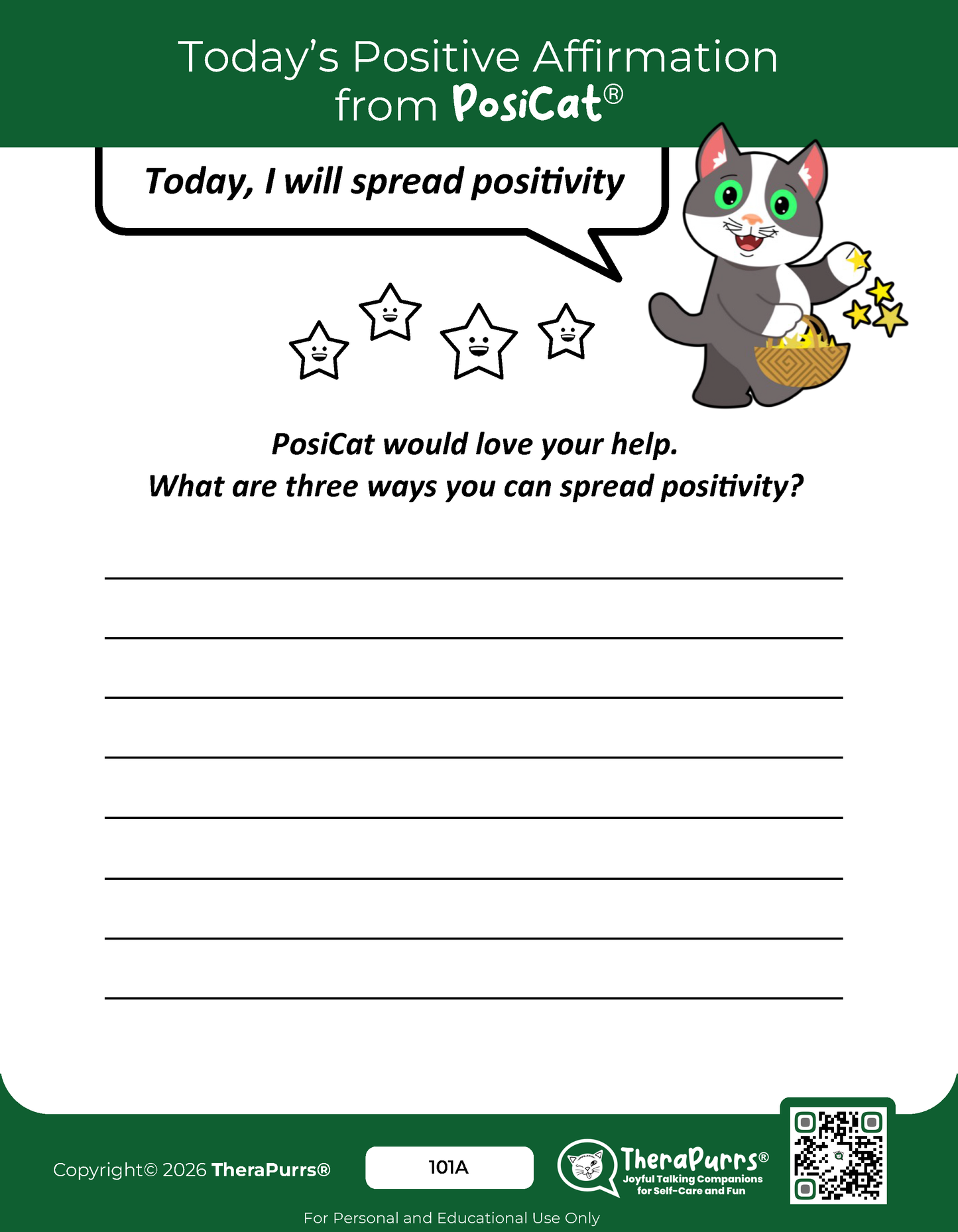 PosiCat's Printables - Activities Booklet 101: Today, I will spread positivity