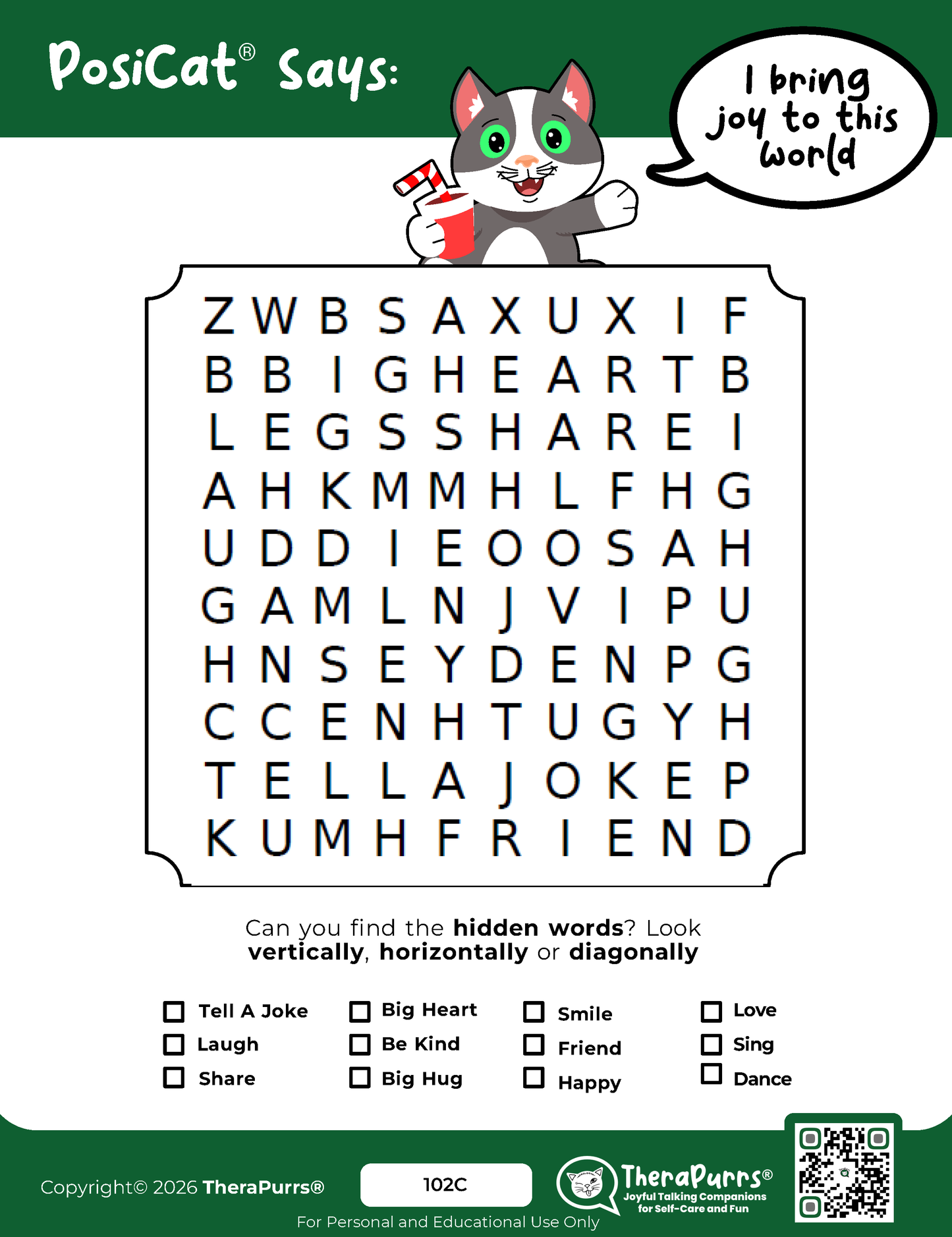 PosiCat's Printables - Activities Booklet 102:  I bring joy to this world