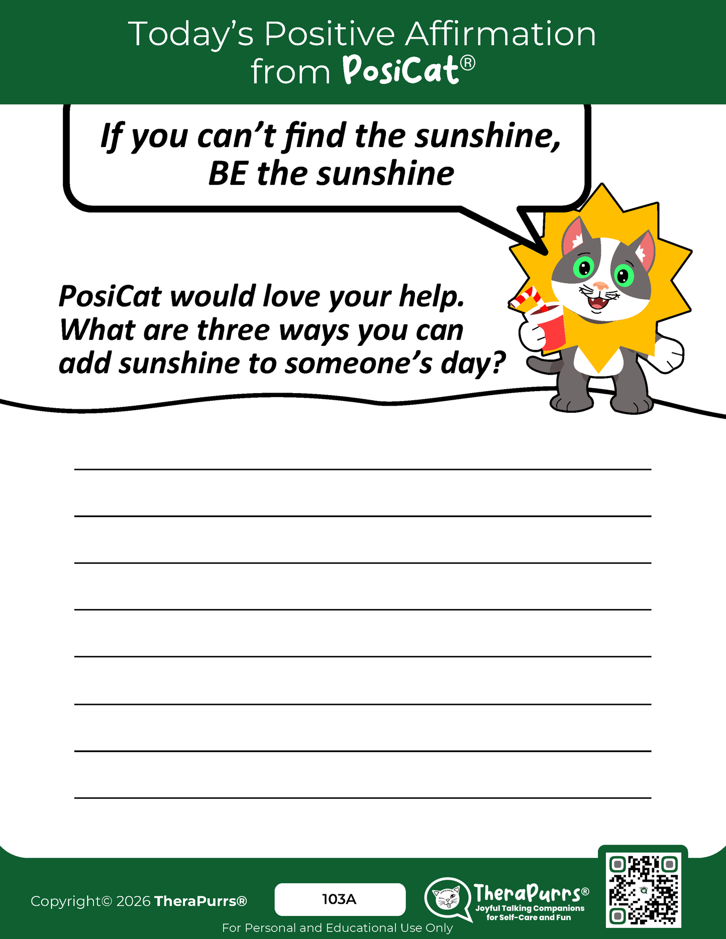 PosiCat's Printables - Activities Booklet 103:  If you can’t find the sunshine BE the sunshine