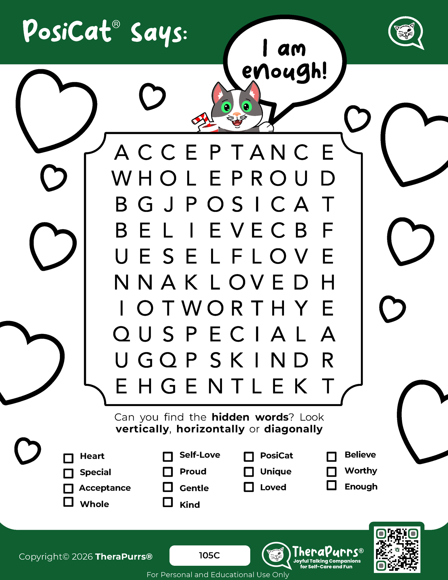 PosiCat's Printables - Activities Booklet 105: I am enough!
