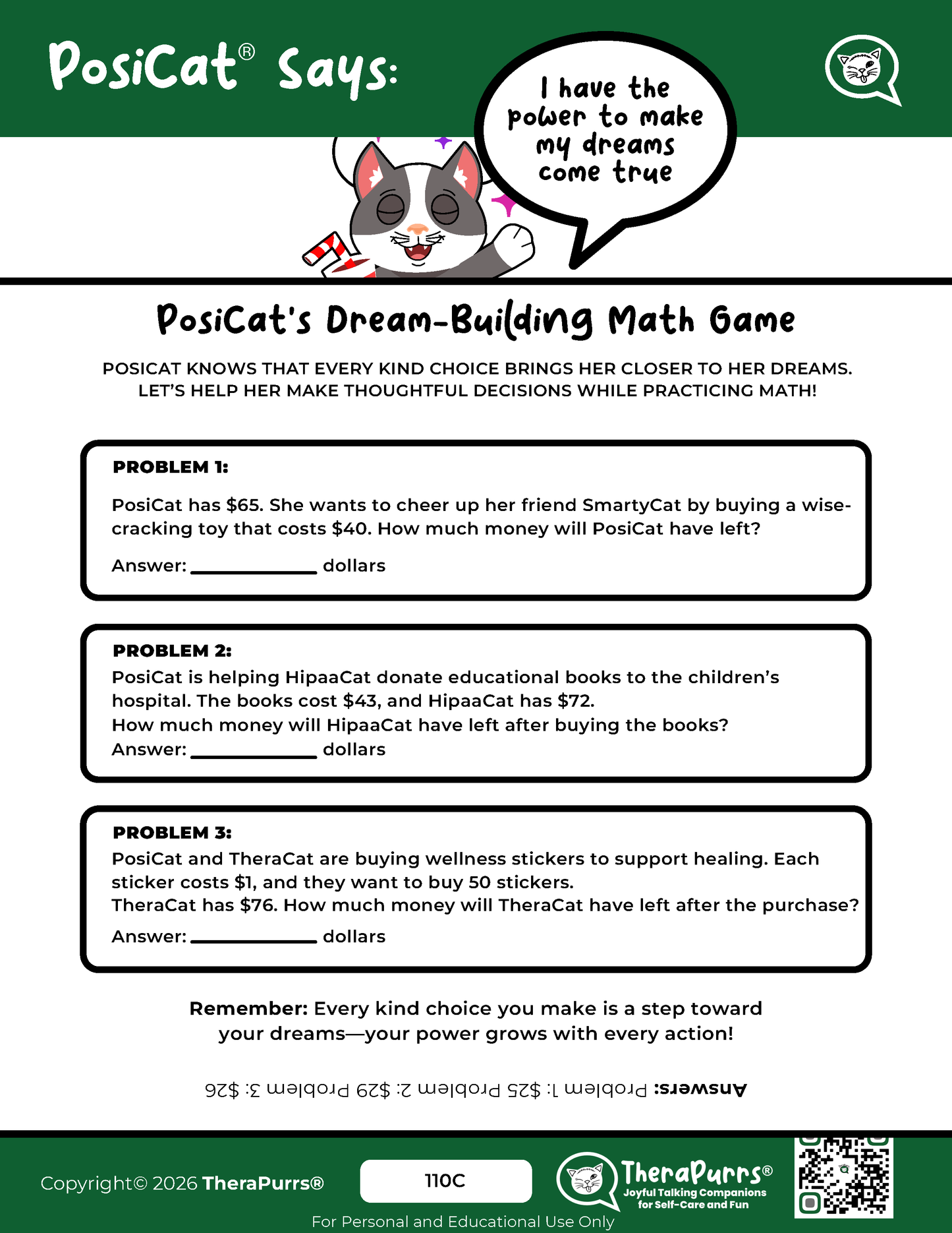 PosiCat's Printables - Activities Booklet 110: I have the power to make my dreams come true
