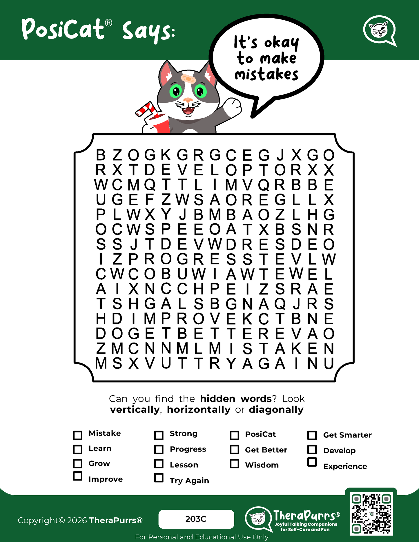 PosiCat's Printables - Activities Booklet 203: It's okay to make mistakes
