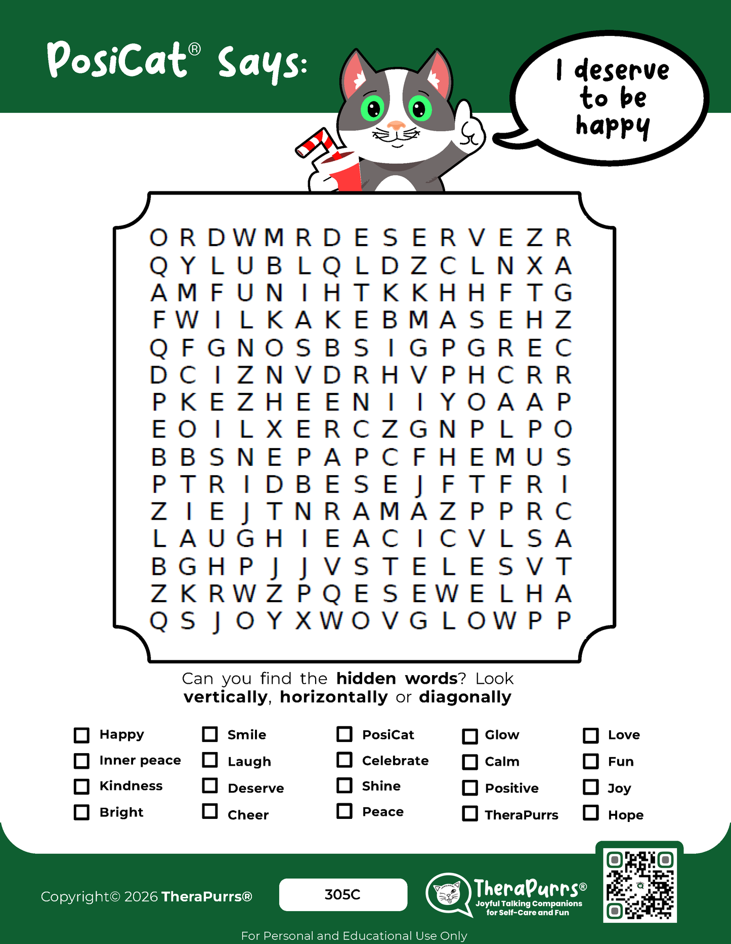 PosiCat's Printables - Activities Booklet 305: I deserve to be happy