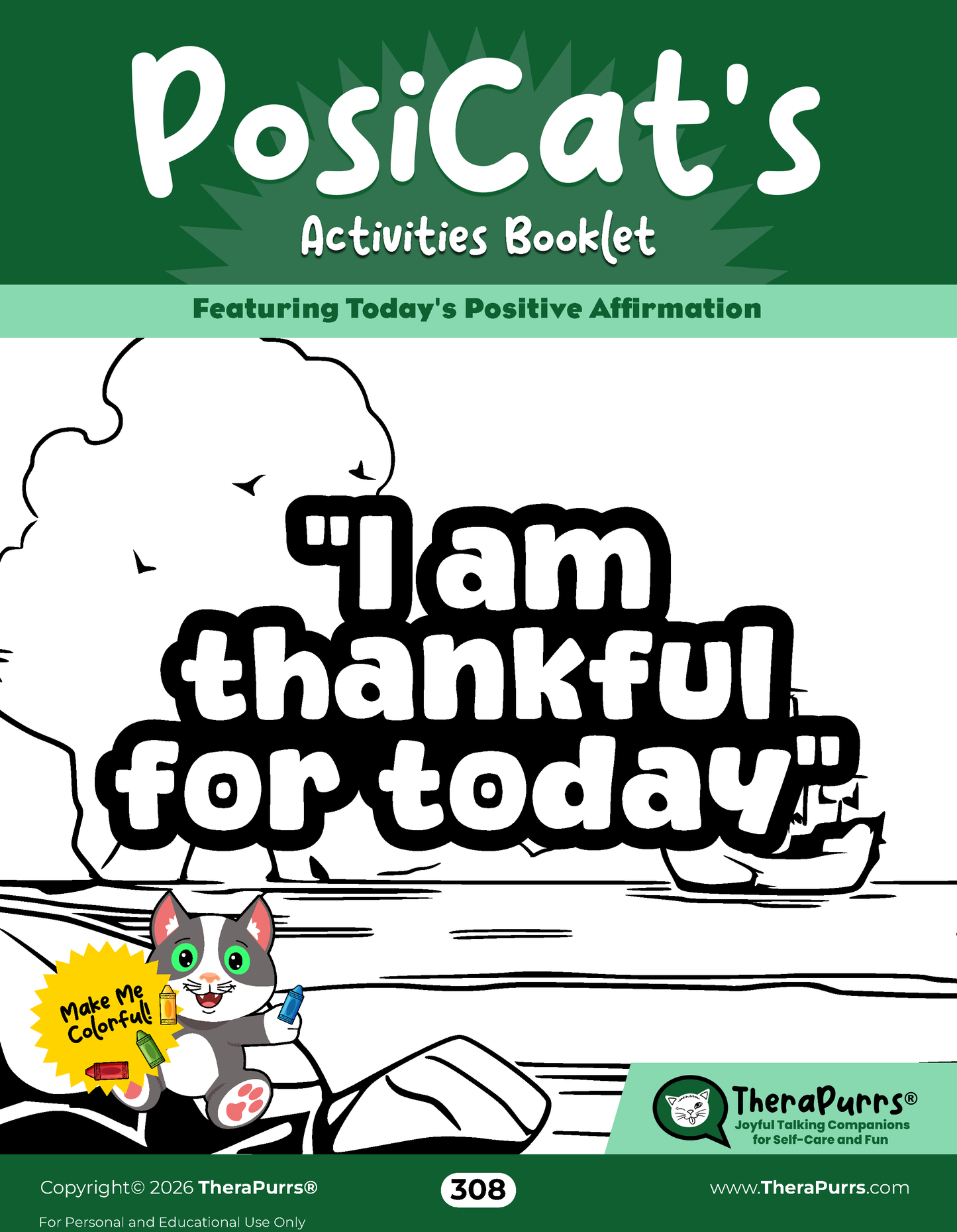 PosiCat's Printables - Activities Booklet 308: I am thankful for today