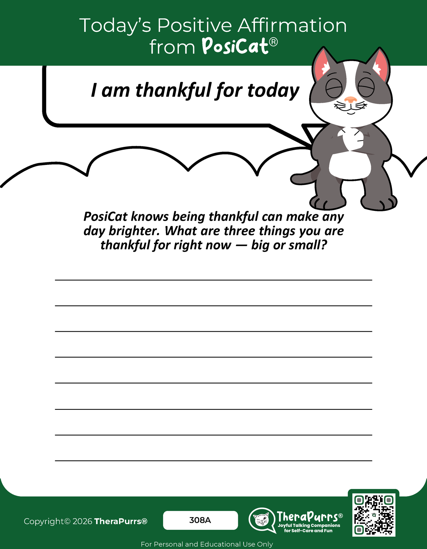 PosiCat's Printables - Activities Booklet 308: I am thankful for today
