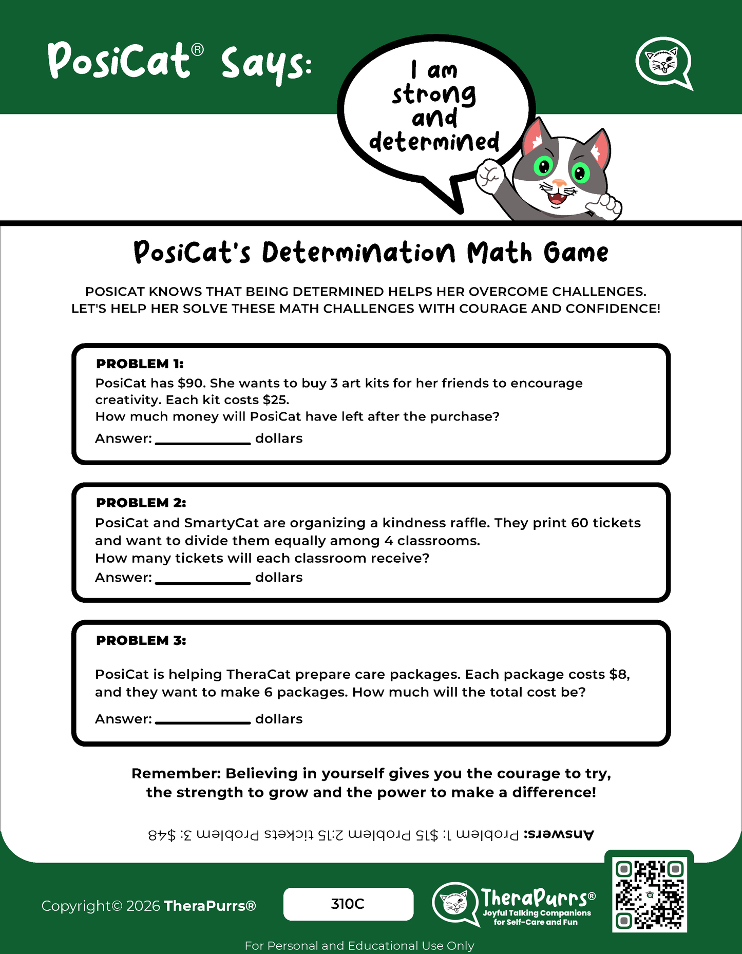 PosiCat's Printables - Activities Booklet 310: I am strong and determined